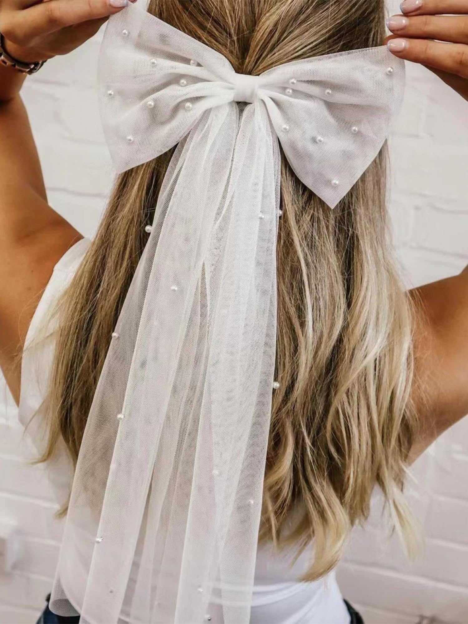 White Beaded Embellished Bride Wedding Large Hair Bow Bridal Hair Bow White Tulle Pearl Handmade – Boncamila  main image 2