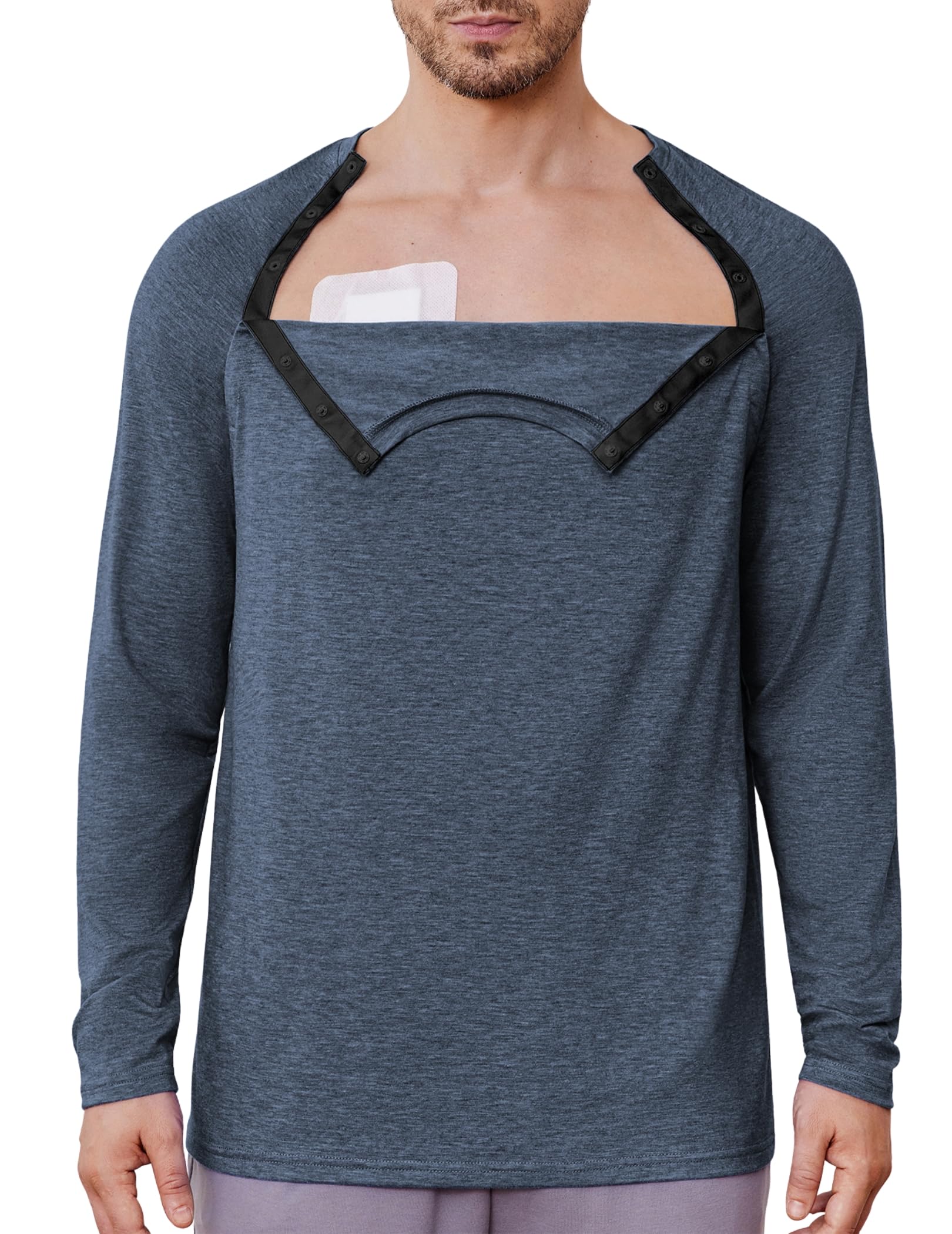 Deyeek Chemo Port Shirts for Men Side Snap Long Sleeve Port Access Shirts