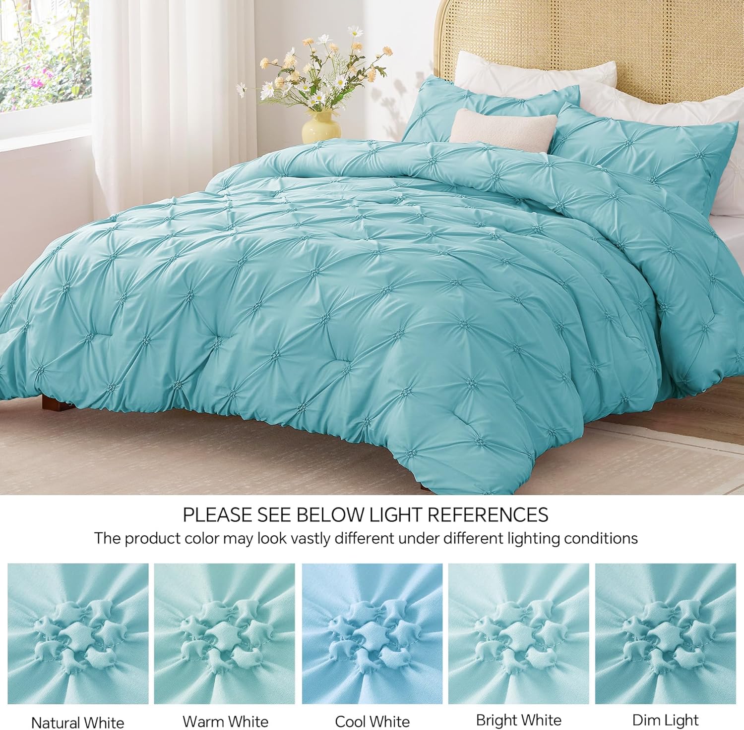 BEDELITE Macaron Blue Queen Comforter Set - 3 Pieces Boho Pintuck Bedding Comforter Sets, Lightweight Soft & Warm Bed Comforter Queen with 2 Pillowcases for All Season - Image 8