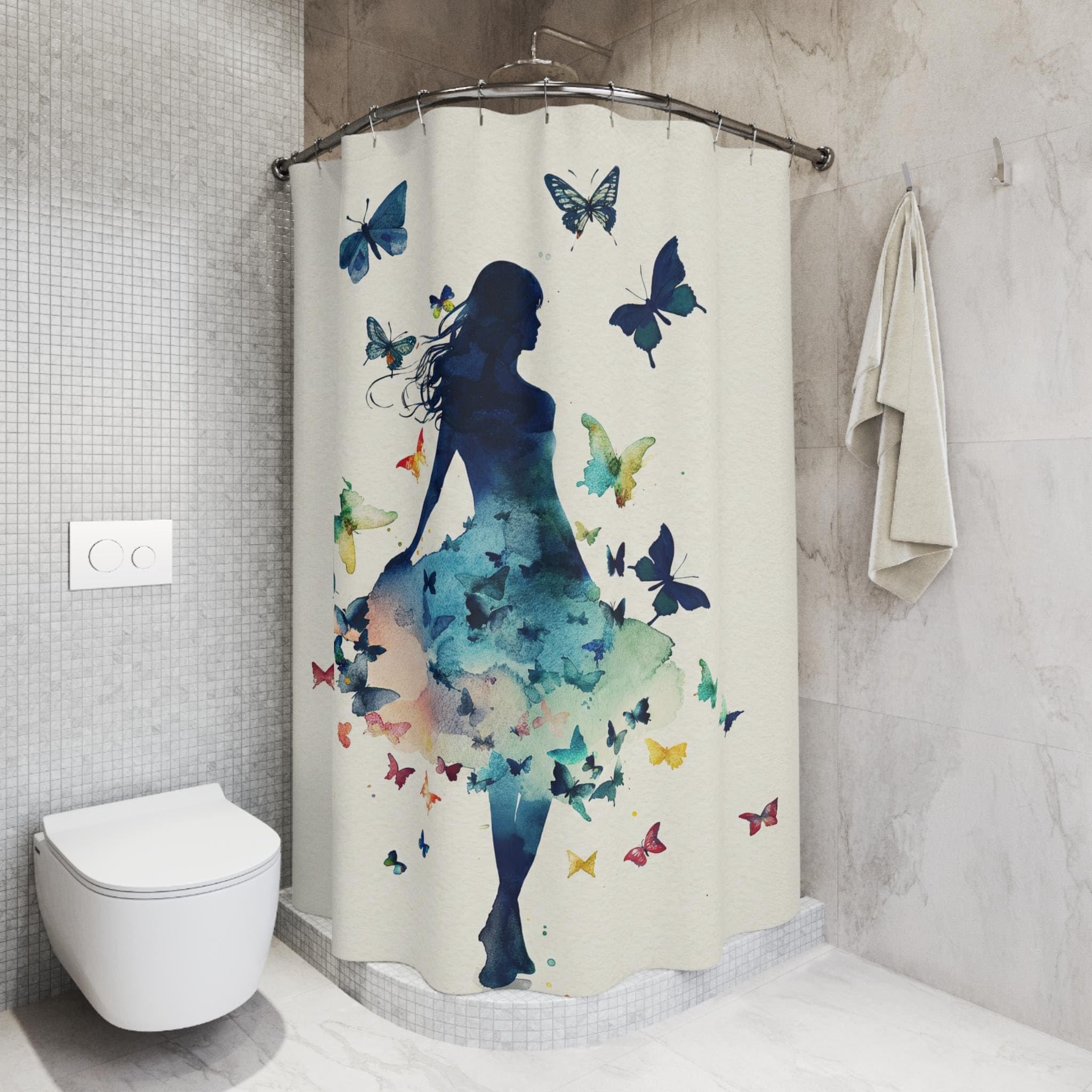 Tenda da doccia con farfalla e ragazza | Tenda da bagno con silhouette femminile ad acquerello | Decorazione per vasca da bagno in tessuto di poliestere (300x200 cm/118x79 pollici (LxA))