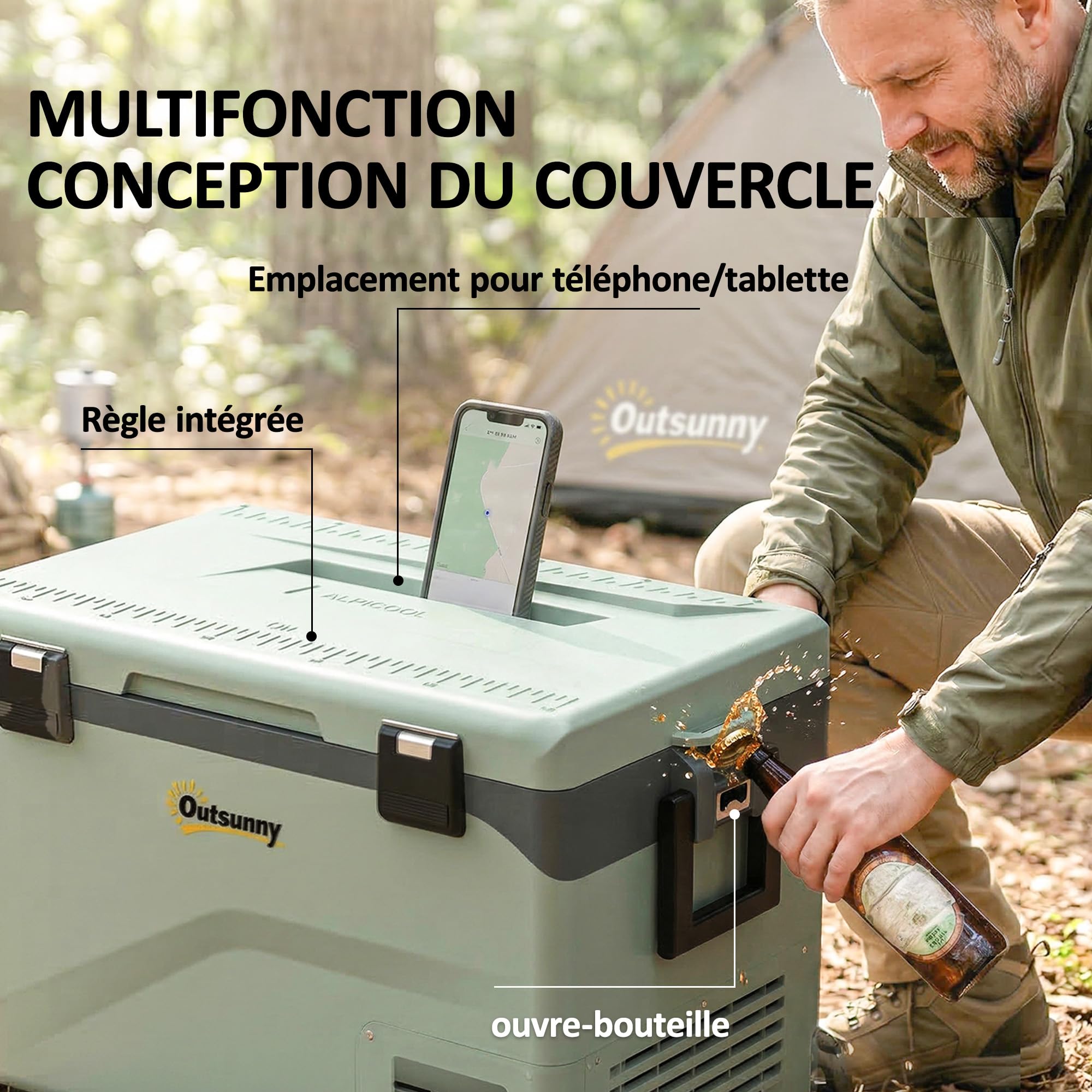 Outsunny Réfrigérateur de Voiture à Compression 42,5 L avec Contrôle via Application, Glacière Électrique Portable avec Roues et Poignée, 12V/240V, -20 °C à 20 °C, Camion, Camping-car, Bateau, Vert
