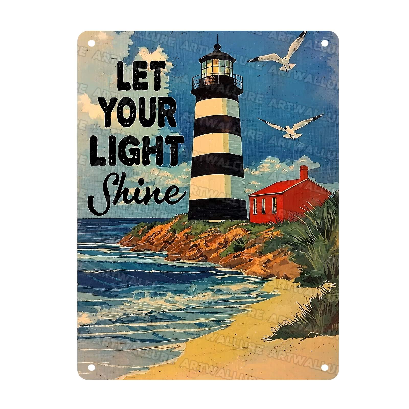 Lighthouse Vintage Tin Sign Let Your Light Shine Summer Beach Coastal Metal Sign for Cafes Bar Pub Beer Club Wall Home Decor 12x16Inch