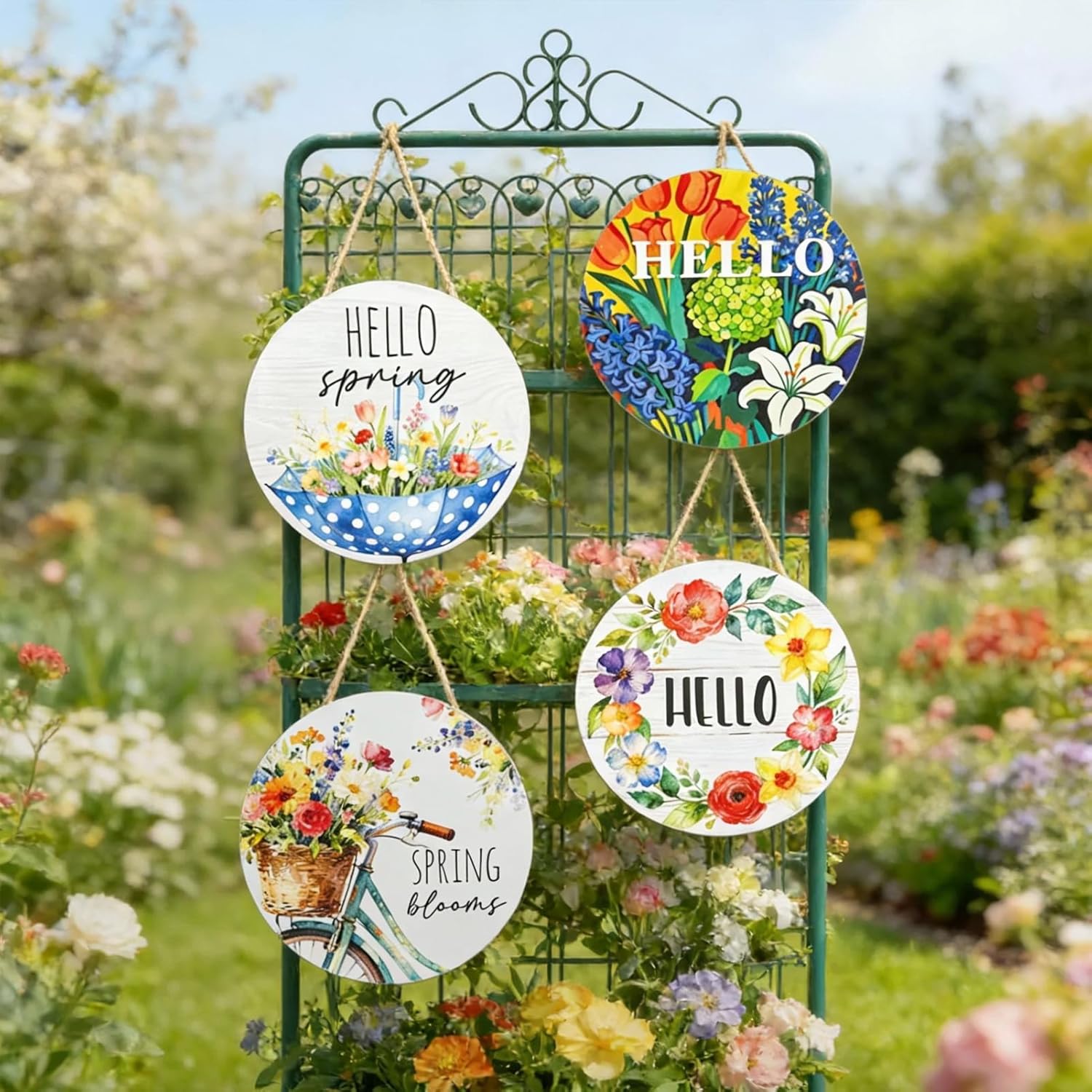 4 PCS Hello Spring Decorations For Home, Colorful Flowers Wooden Hanging Spring Door Sign, Welcome Floral Landscape Wall Art Hanger For Front Door Decoration, 11.81"x11.81" Proch Wreath Decor