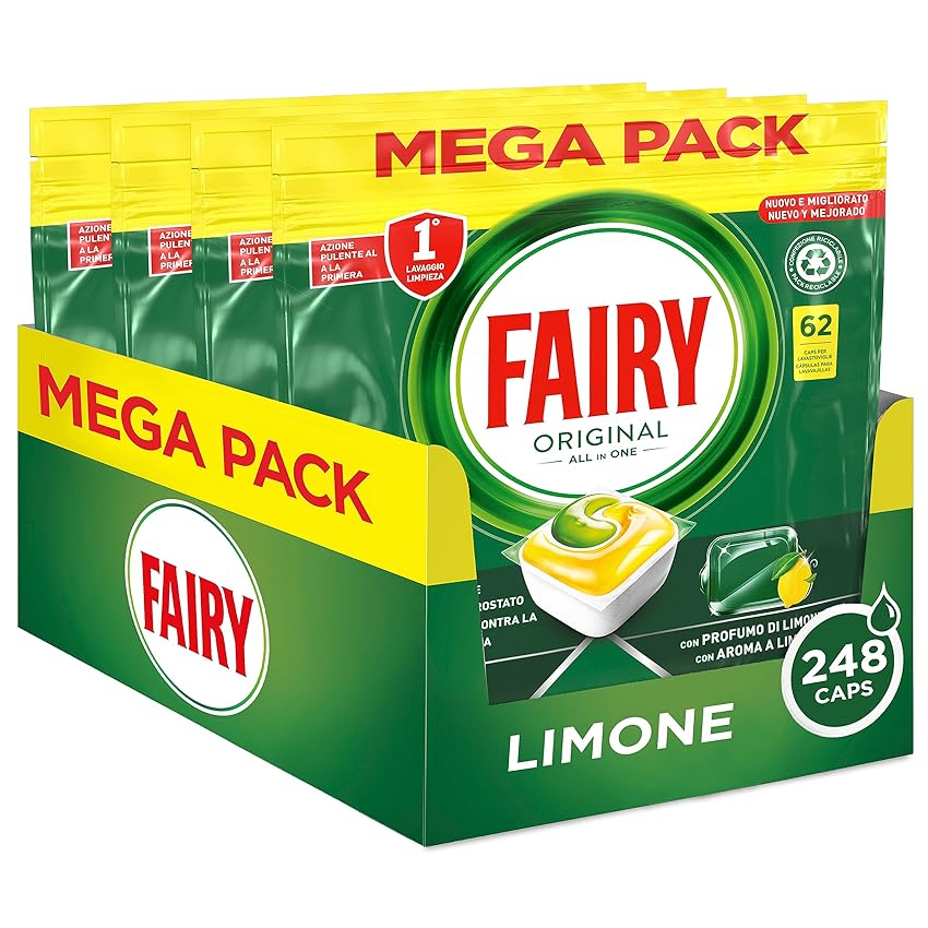 Immagine del prodotto Fairy Detersivo Pastiglie Lavastoviglie, Brillantante, 248 Capsule, Original Limone, Pulente Al Primo Lavaggio, Efficace Sul Grasso Incrostato Con Azione Brillante