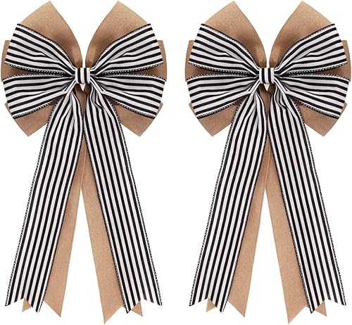 Miniatura 8 de 2 lazos dobles grandes de arpillera de 20 x 10 pulgadas, lazo de corona a rayas en blanco y negro para envolver regalos, decoración del árbol,