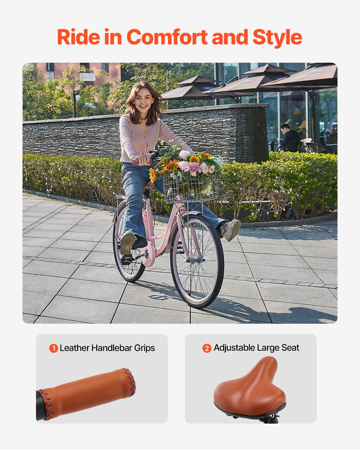 VEVOR Cruiser - Bicicleta de playa con 7 velocidades (diámetro del neumático 660,4 mm) con cesta grande y portaequipajes, bicicleta cruiser con asiento ajustable, para ciclismo, entrenamiento y