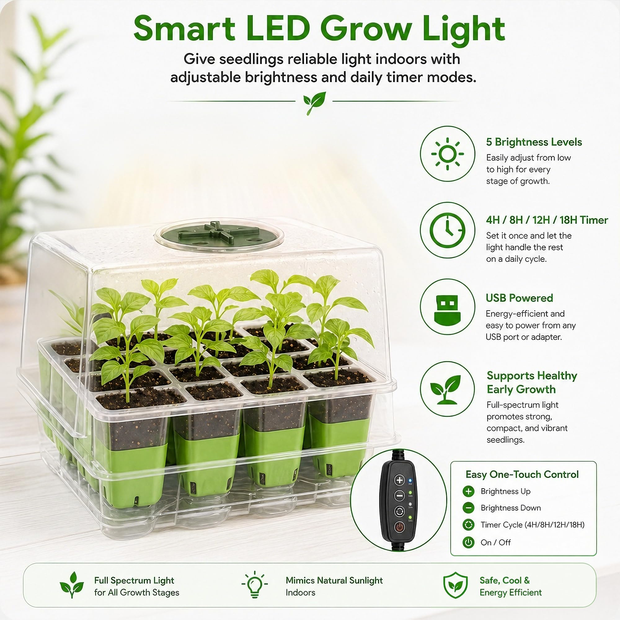 Bandejas de Semilleros,5 Pcs Semilleros de Germinacion con Luces para Plantas,Silicona Flexible Células Invernadero Pequeño Bandejas,Germinador de Semillas con Regulador De Tiempo,Humedad Ajustable