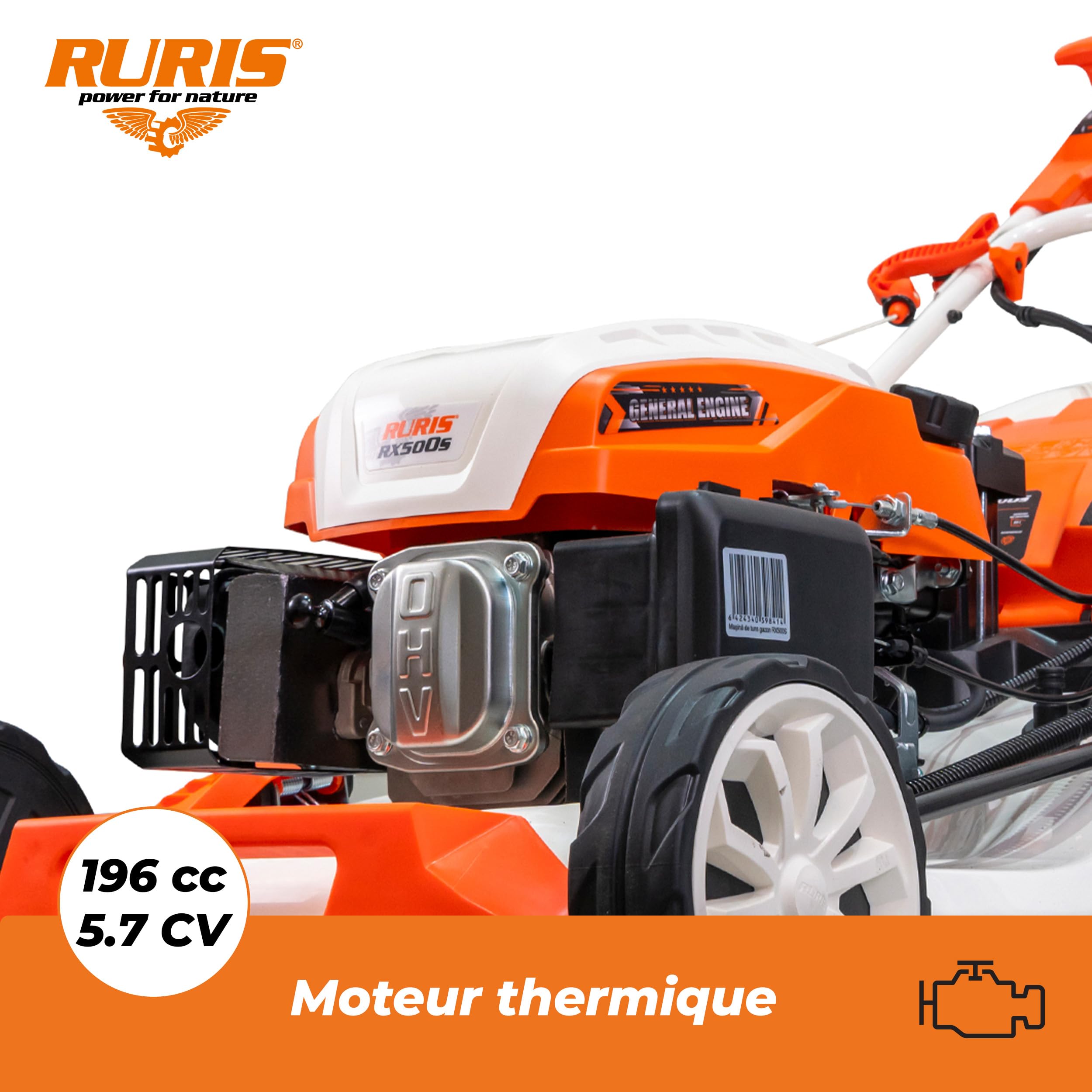 RURIS POWER FOR NATURE Tondeuse à Gazon Thermique 5 en 1 Mulching 5,7 CV 196cc RX500S, Orange | Démarrage électrique. Ramassage, Éjection Arrière et Latérale, Mulching, Nettoyage, Châssis en Acier