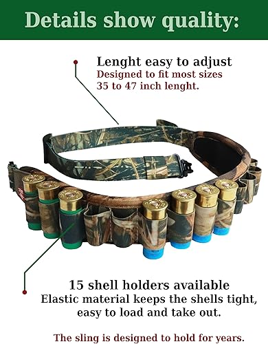 Miniatura 8 de Eslinga de escopeta de calibre 12 con 15 soportes de concha, cómoda correa acolchada para pistola con lazo para el pulgar y giratorios integrados,