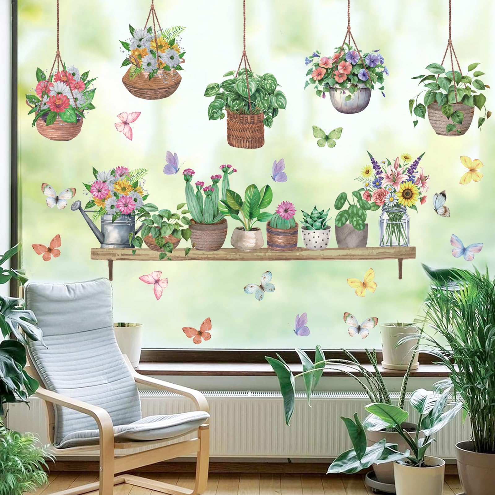 KAIRNE Potted Plant Window Stickers Tropical Botanical Cactus Bird Glass Sticker Green Leaves Flower Butterfly Window Clings Anti Collision Double-Side Decals for Home Living Room Bedroom Glass โ image 1