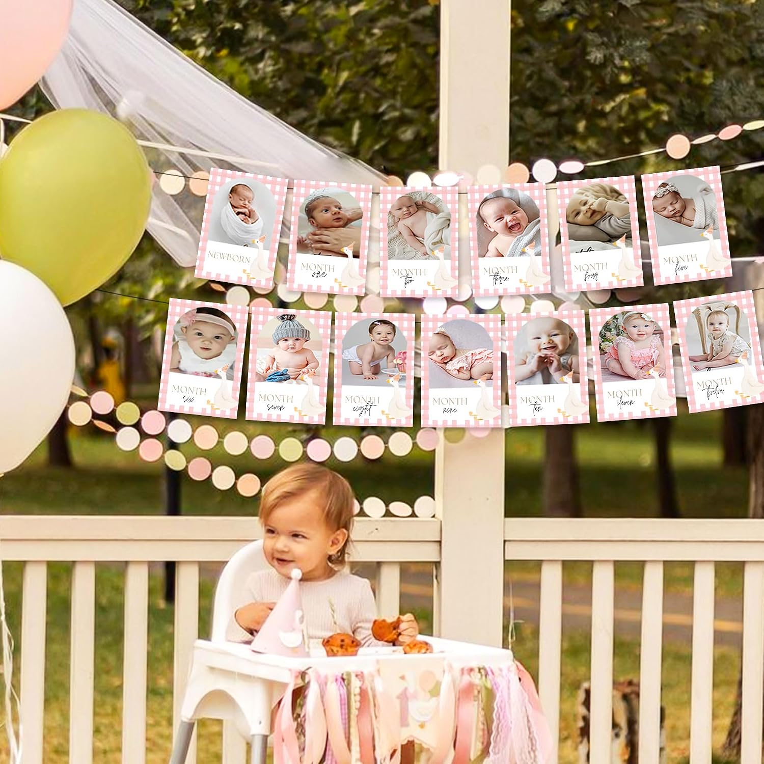 Pink Silly Goose 1st Birthday Photo Banner One Silly Goose Birthday Decor Girl for Newborn to 12 Months Picture Banner Goose Monthly Milestones Frame Party Supplies