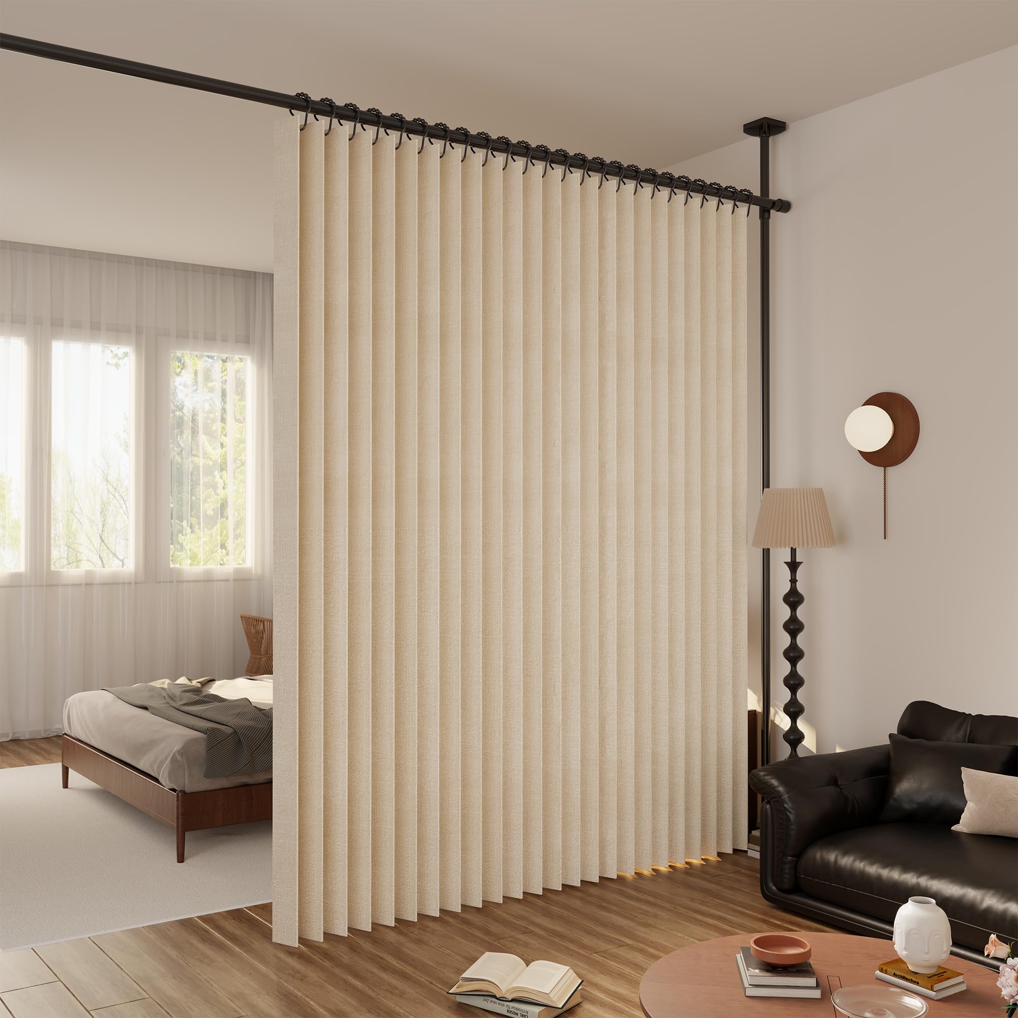 Raumteiler Vorhang Extra Breit – Trennvorhang Faltbar mit 3D Akkordeon-Design, Sichtschutz für Schlafzimmer & Büro, Raumtrenner inkl. Metallhaken & Leder-Strap (Beige, H240 x B254 cm)