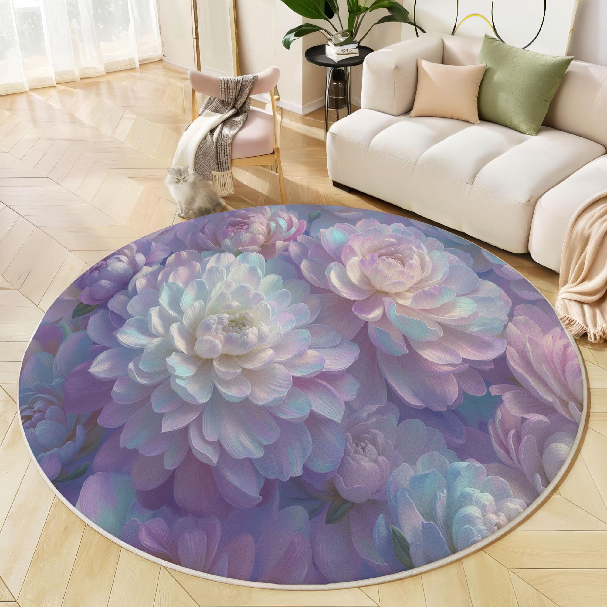 Tapis rond salon violet clair 120cm à boutons de fleurs aquarelle