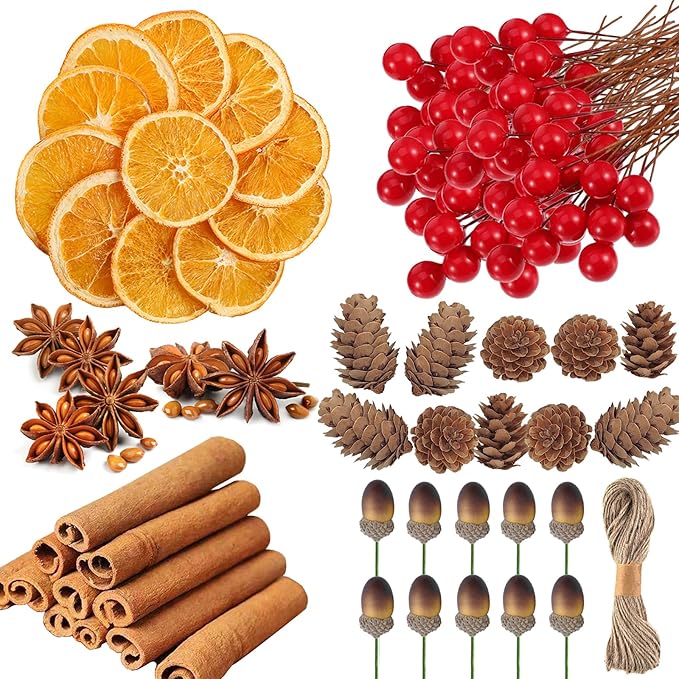 255 Stück Weihnachten Deko Adventskranz, Weihnachtskranz Deko, Weihnachtsdeko mit Tannenzapfen, Zimtstangen, Getrocknete Orangenscheiben, Sternanis, Künstliche Beeren, Eichel, Bastelset Weihnachten