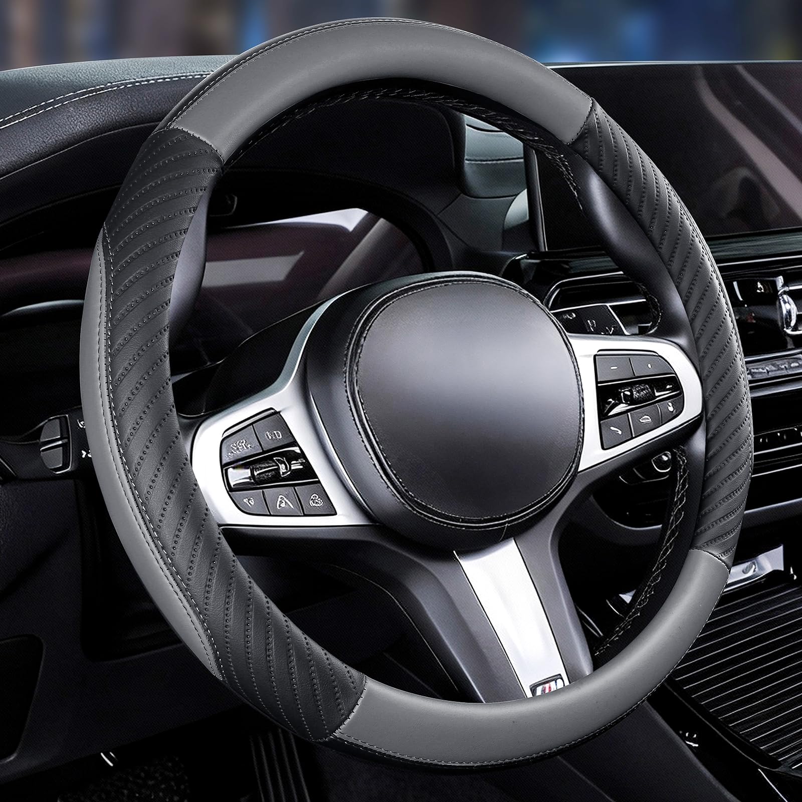 Car Steering Wheel Cover Leather - Soft Microfiber Steering Wheel Cover Universal Size M 37-38cm /14.5-15inch, Anti-slip, Breathable, Black — view 10
