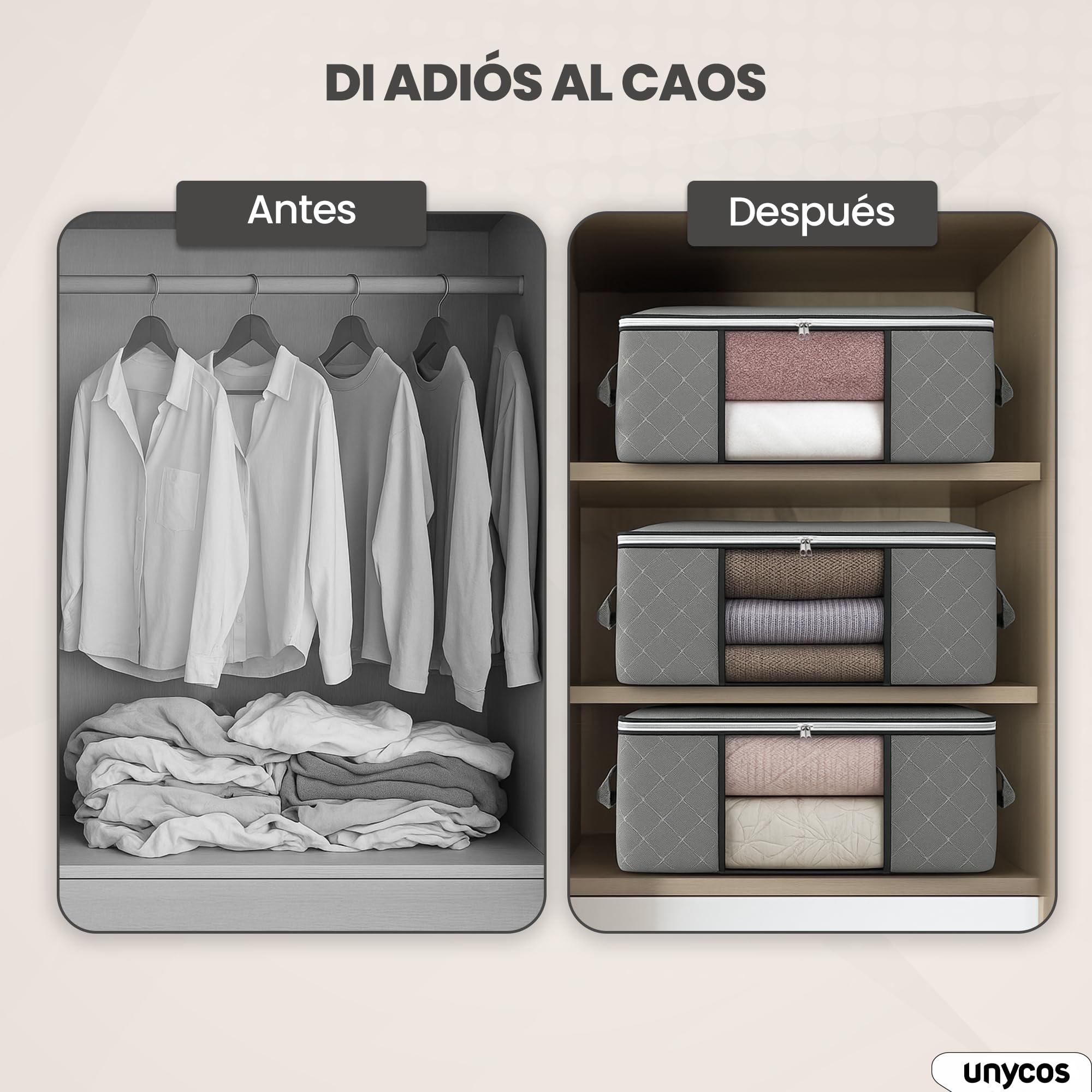 unycos - Cajas para Almacenaje de Ropa x 6【35L】 Bolsas Plegables con Ventana Transparente, Doble Cremallera y Asas Reforzadas, Organizador de Toallas, Edredones, Juguetes | Hasta 10 kg (Grey/Black)