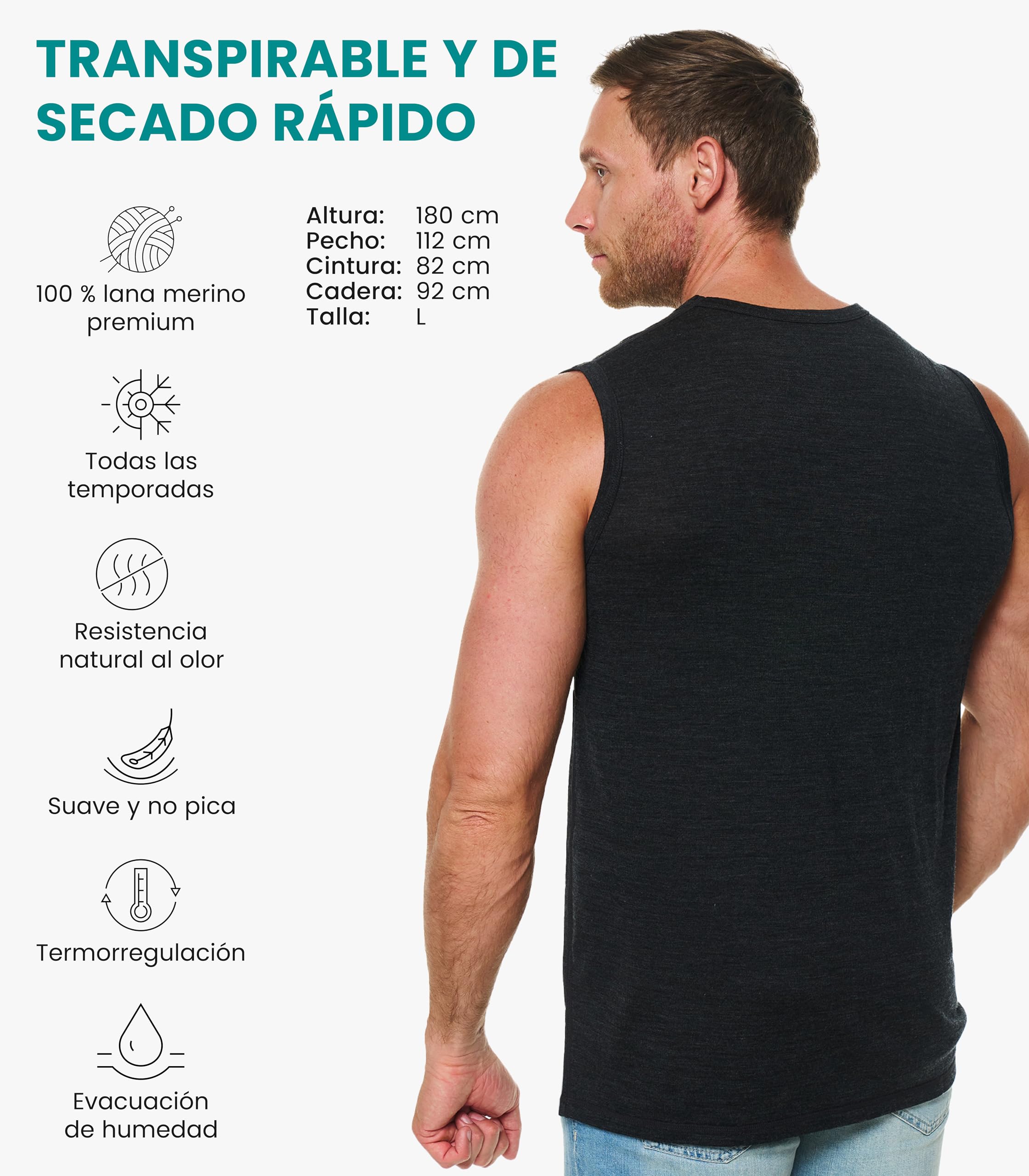 Merino.tech Camiseta Sin Mangas Merino Activa - 100% Lana Merino | Absorbe la humedad, altamente transpirable, de secado rápido, suave y ligera