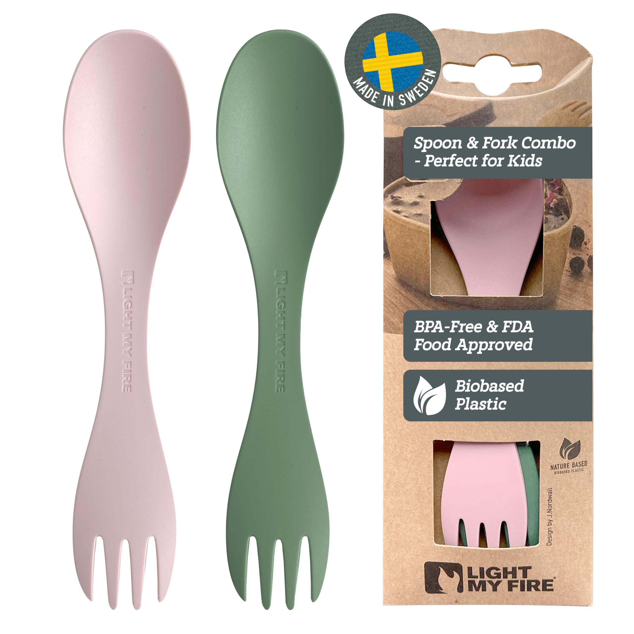 Light my FireSpork Little 2-in-1 Durable Kids Cutlery Set 3 Year Old 2-Pack Reusable Travel Toddler Cutlery Set, BPA-Free Easy-to-Use Picnic Sporks Plastic Camping Accessories On-The-Go, Green/Pink