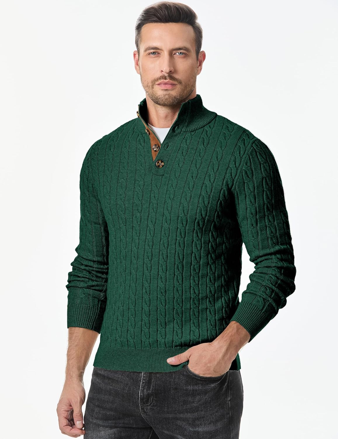 JMIERR Men's Cable Knit Pullover Sweater Casual Long Sleeve Stand Collar Button Knitted Sweaters - Image 7