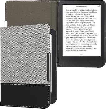 kwmobile Case Compatible with Kobo Clara BW/Colour - PU Leather and Canvas e-Reader Cover - Dark Grey/Black