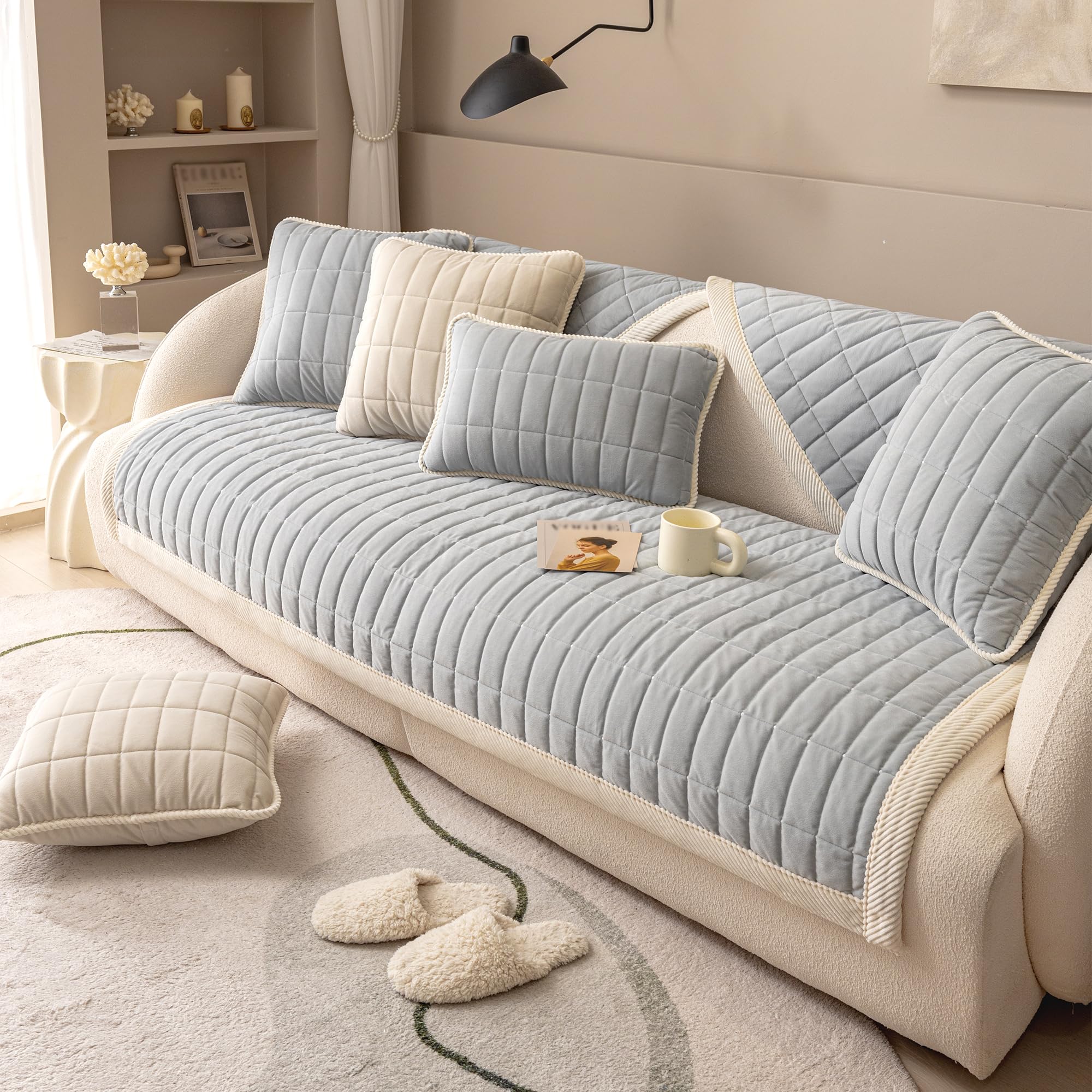 Velvet Plush Sofa Protector Cover, Plaid Quilted Suede Sofa Cover, Super Soft Non Slip Sectional Furniture Couch Covers, Fluffy Fuzzy Sofa Slipcover