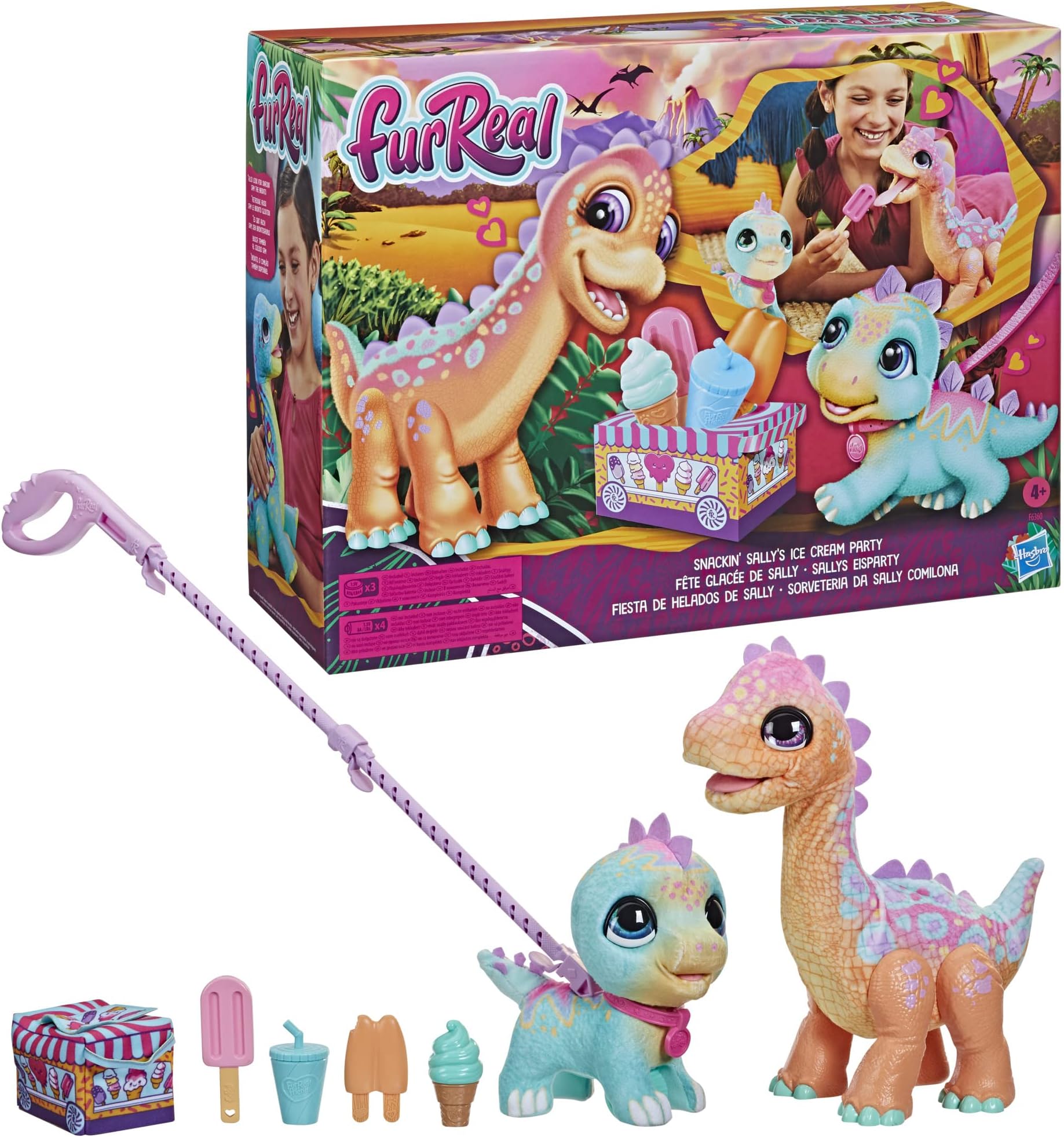 FurReal Snackinโ Sallyโs Ice Cream Party Electronic Pet with 40+ Sounds and Reactions, Plus Walkalots Dinosaur; 5 Accessories; Ages 4 and Up