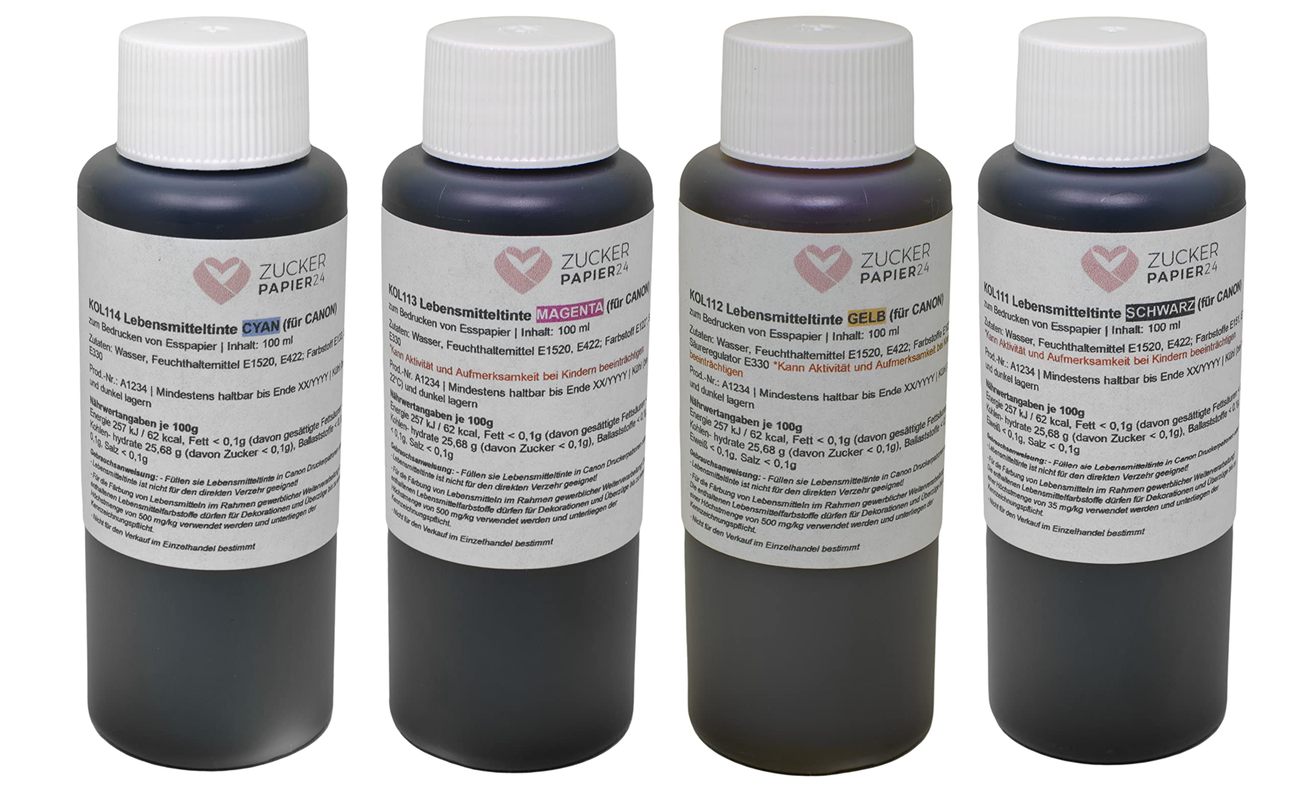 Zuckerpapier24® Set d'encre alimentaire 4x100ml (noir, jaune, magenta, cyan); pour imprimantes Canon - impression alimentaire sur papier alimentaire pour gâteaux [KOL100]