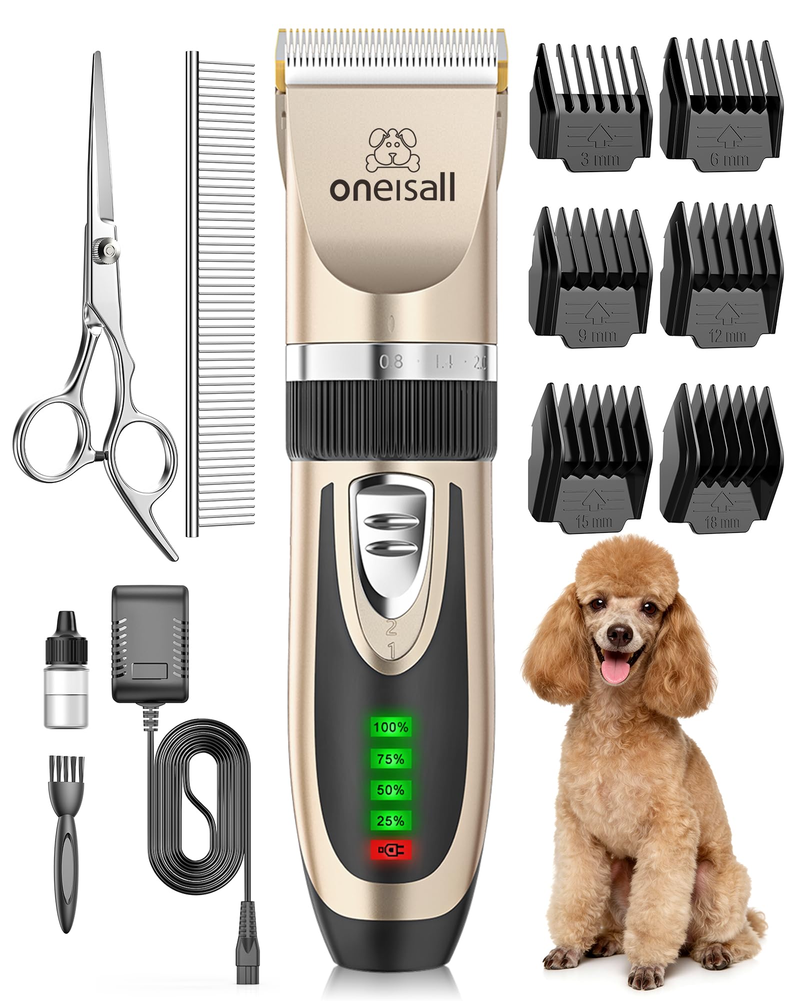oneisall Leise Hundeschermaschine, 2000mAH 4h Laufzeit Schermaschine Katze Hunde dichtem Fell, Hunde Haarschneidemaschine Tierhaarschneidemaschine Hunderasierer Langhaar(Gold)