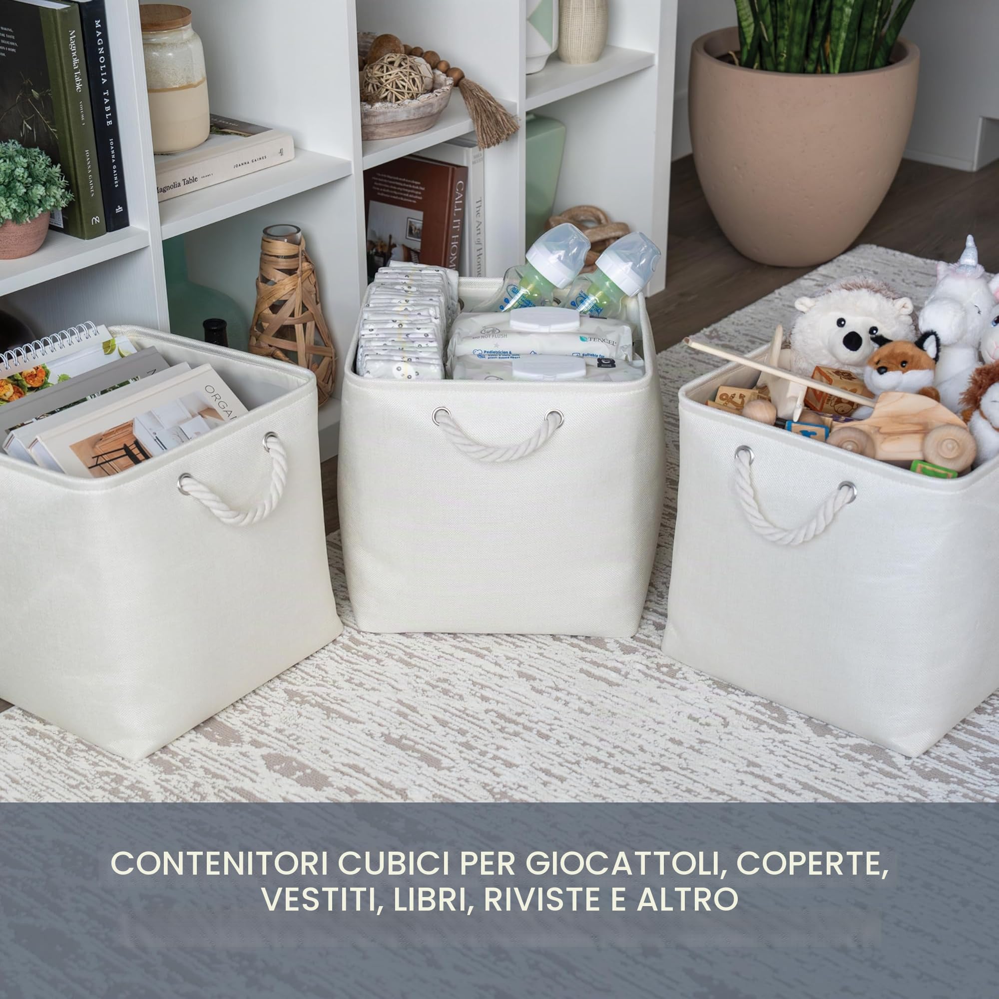 OrganiHaus Set di 3 Cubi Scatole Portaoggetti 33x33, Cestini Portaoggetti in Tessuto con Manici in Corda, Cubi Portaoggetti Pieghevoli per Libreria Kallax, Cestino per la Cameretta. Bianco