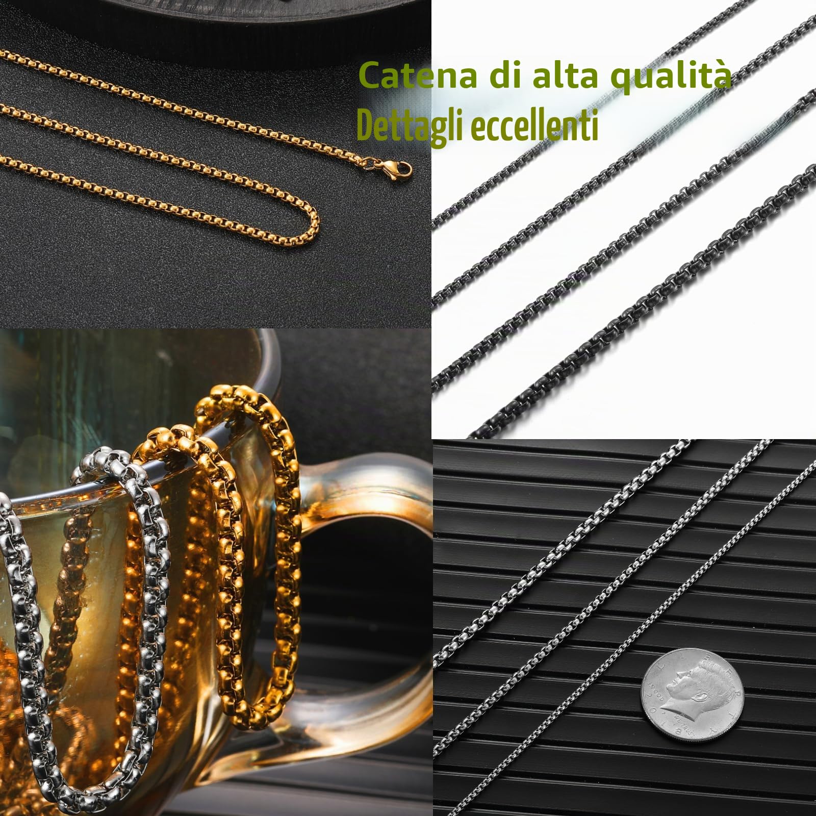 Collana Uomo Donna Acciaio Inossidabile Oro/Argento/Nero Catena a Maglia Veneziana 2/2.5/3/4mm Box Collane Gioielli da Regalo Lunghezza 45/50/55/60/70cm