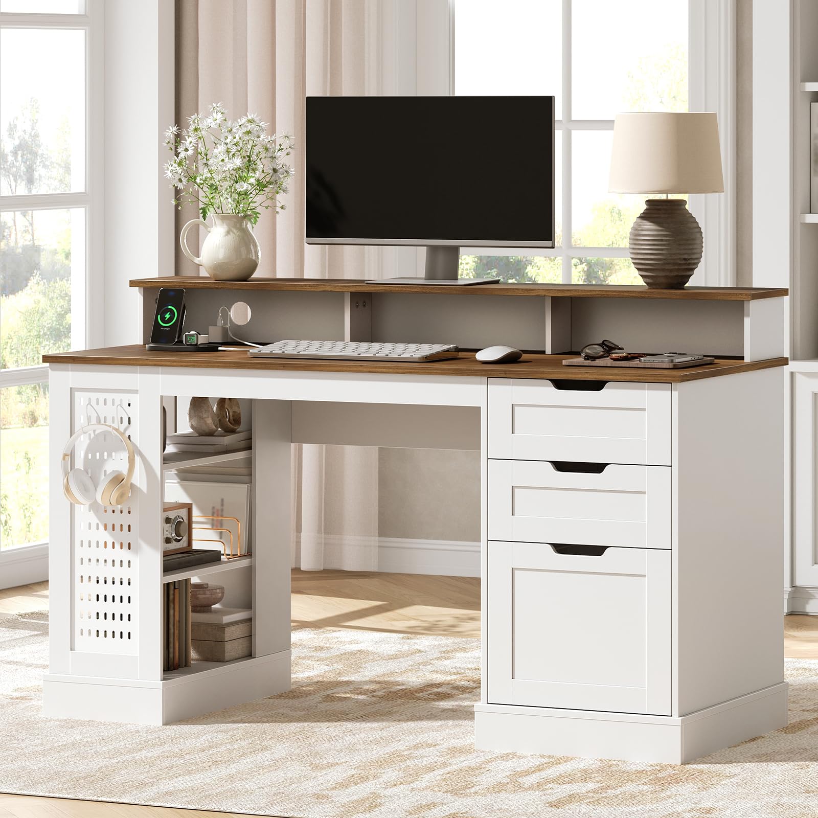 55 inch Farmhouse Executive Desk with 2 Drawers and File Cabinet in White and Walnut