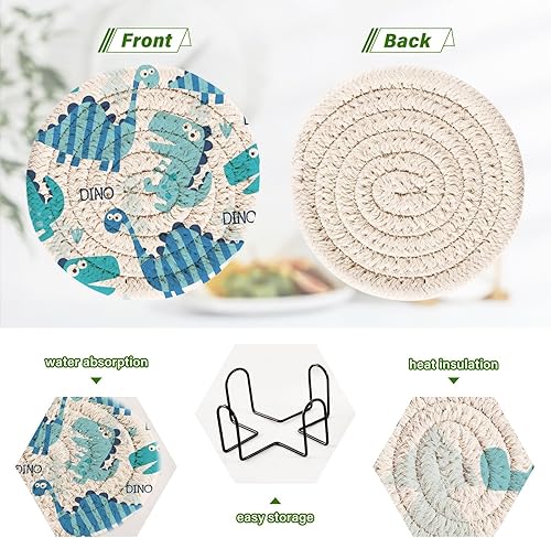 Miniatura 4 de Absorbent Coasters Set with Holder 6 Pack Coasters for Desk Table Cup Coasters Posavasos para Mesa Dinosaur Pattern Illustration