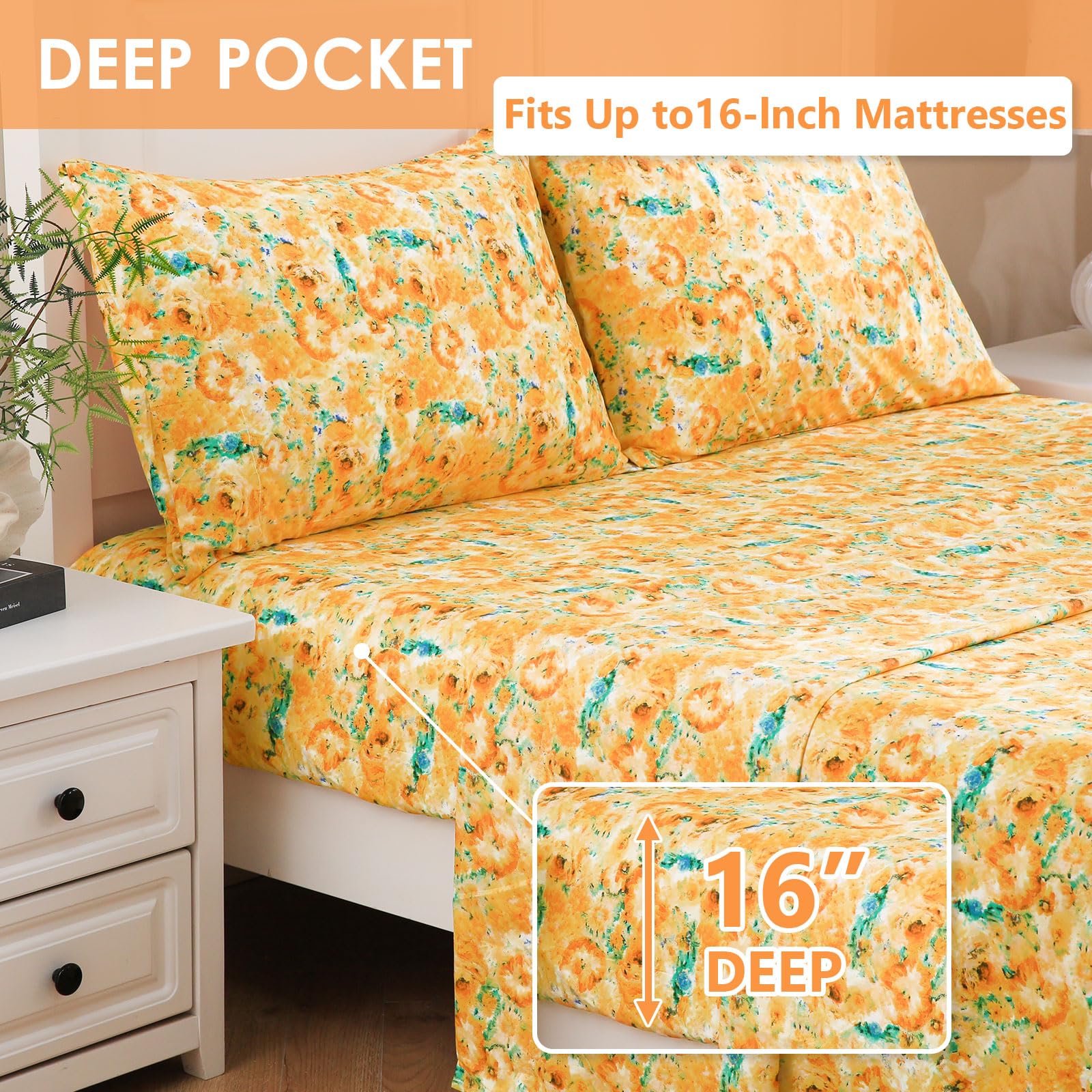 LONAVA Queen Sheet Set 4 Pieces,Z-Sunshine Meadow Ultra Soft & Breathable Microbifer Sheets, 1600 Thread Count Hotel Luxury Oeko-Tex Bed Sheets, 14-16 Inch Deep Pocket Durable Wrinkle Free Sheets