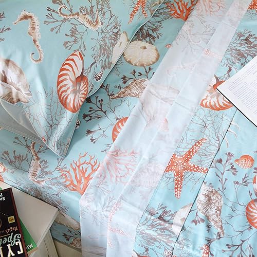 Brandream Juego de sábanas náuticas de lujo tamaño queen, juego de sábanas de algodón para playa costera con bolsillos profundos de 4 piezas de 4