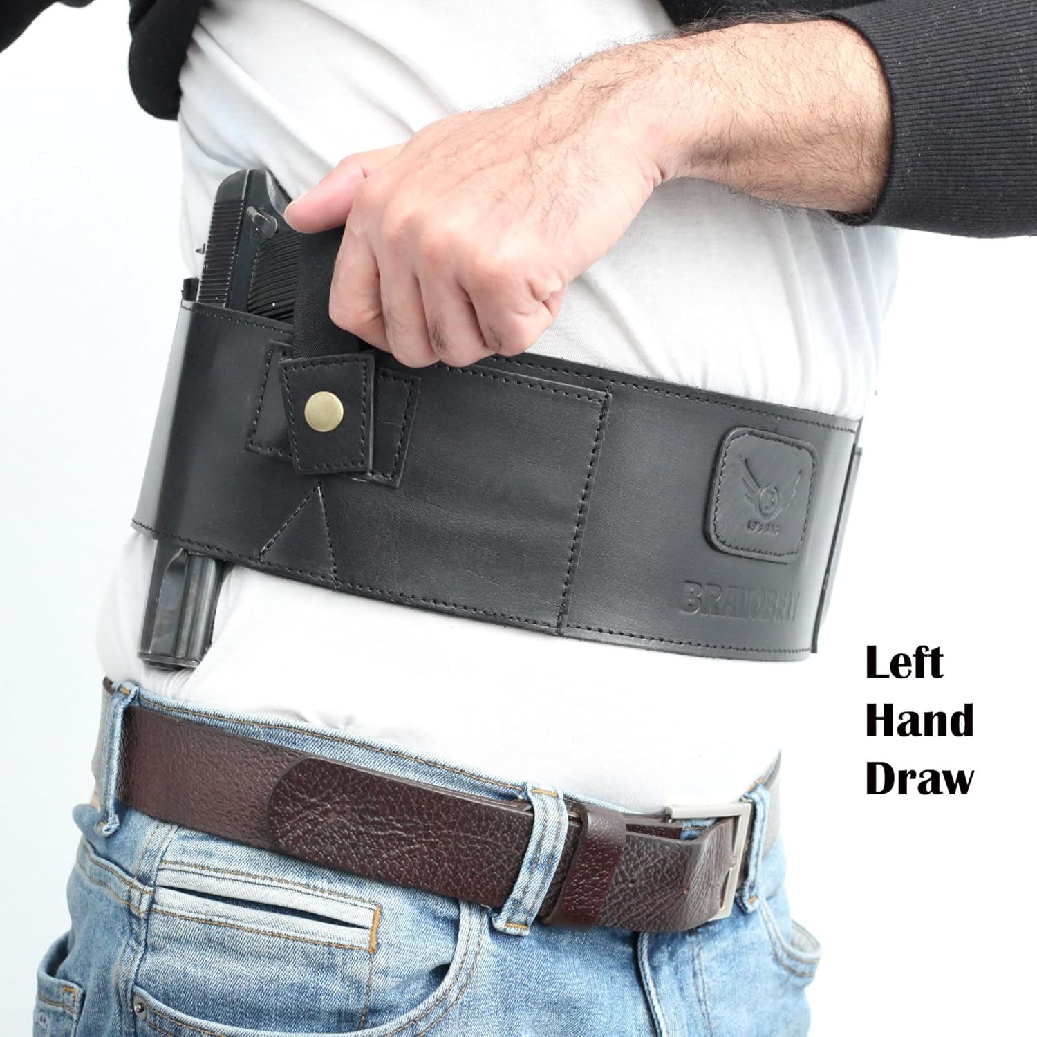 Black Belly Band Holster - Cowhide Leather Comfortable Carry, Ambidextrous, Water-Resistant, Compatible with Glock, Smith & Wesson - Unisex