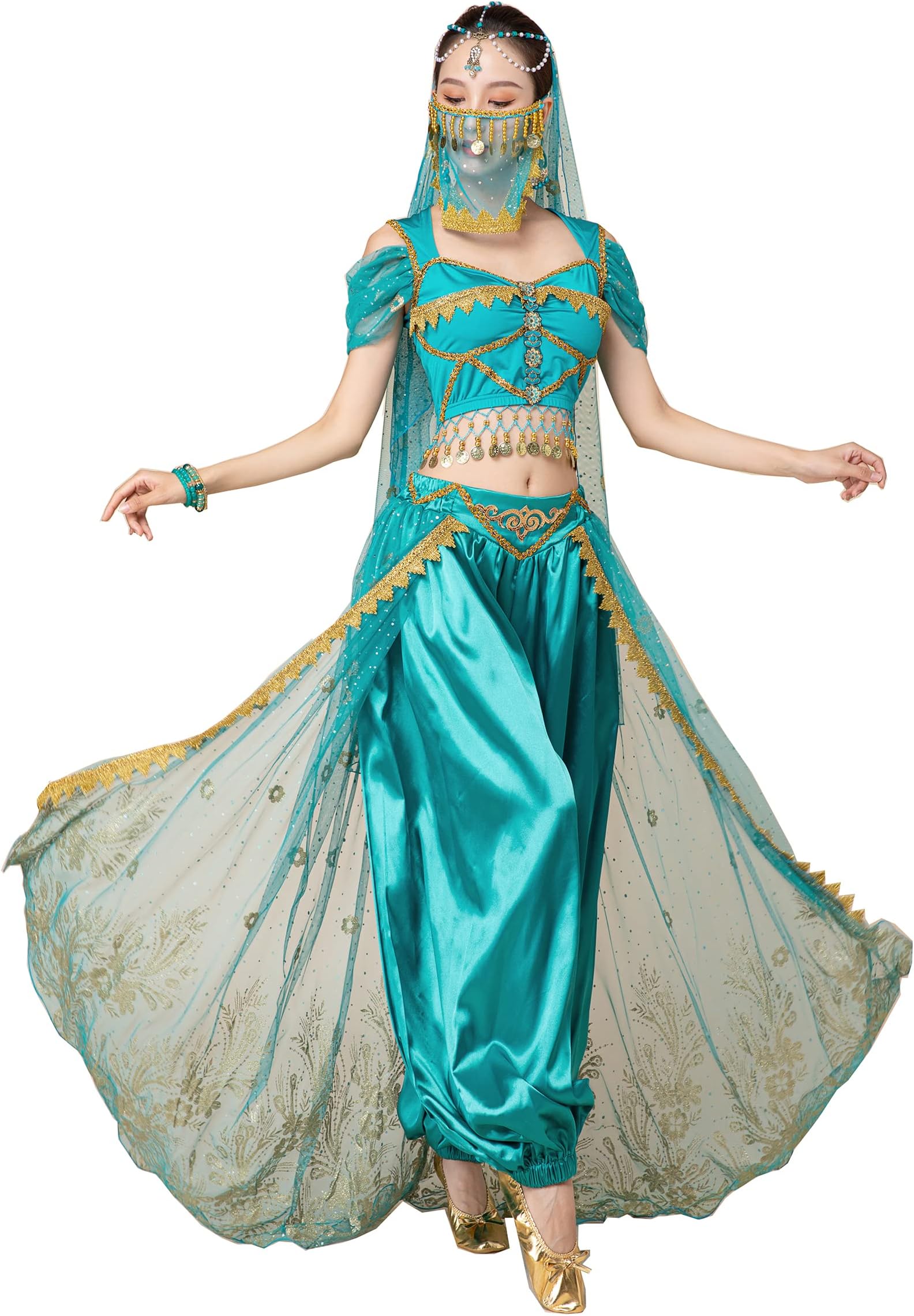 Women's New Aladdin Jasmine Princess Belly dance Halloween Costume Set Belly Dance for Dress Up Party 5 Piece Outfit