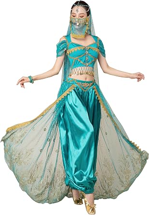 ORIDOOR Womens New Aladdin Jasmine Princess Belly Dance Halloween Costume Set Belly Dance for Dress Up Party 5 Piece Outfit