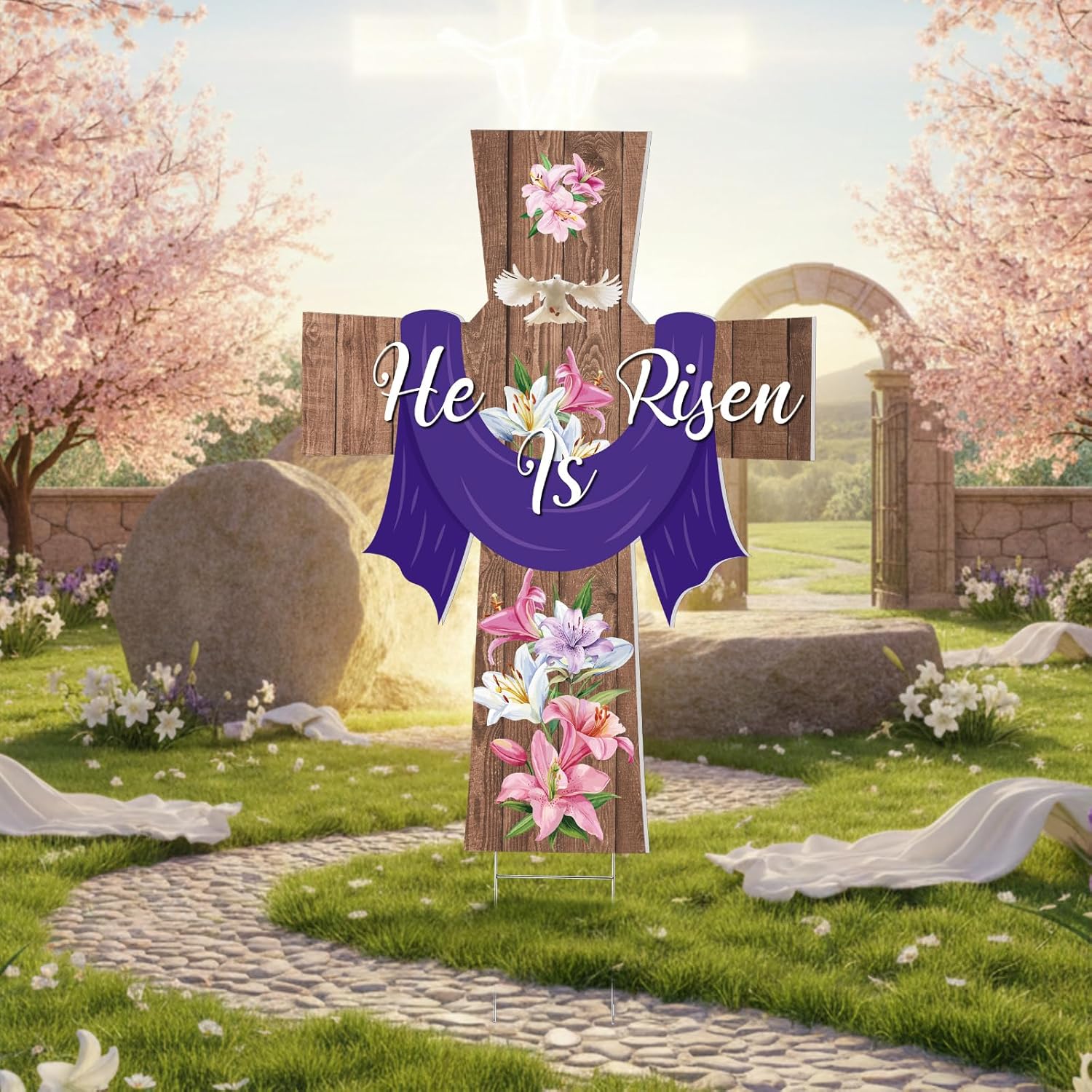 Roowest Easter He Is Risen Yard Sign with Stakes 3.6 ft Outdoor Lawn Decorations Cross Sign Waterproof Christian Religious Lawn Decor for Outdoor Garden Yard Easter Party Decorations