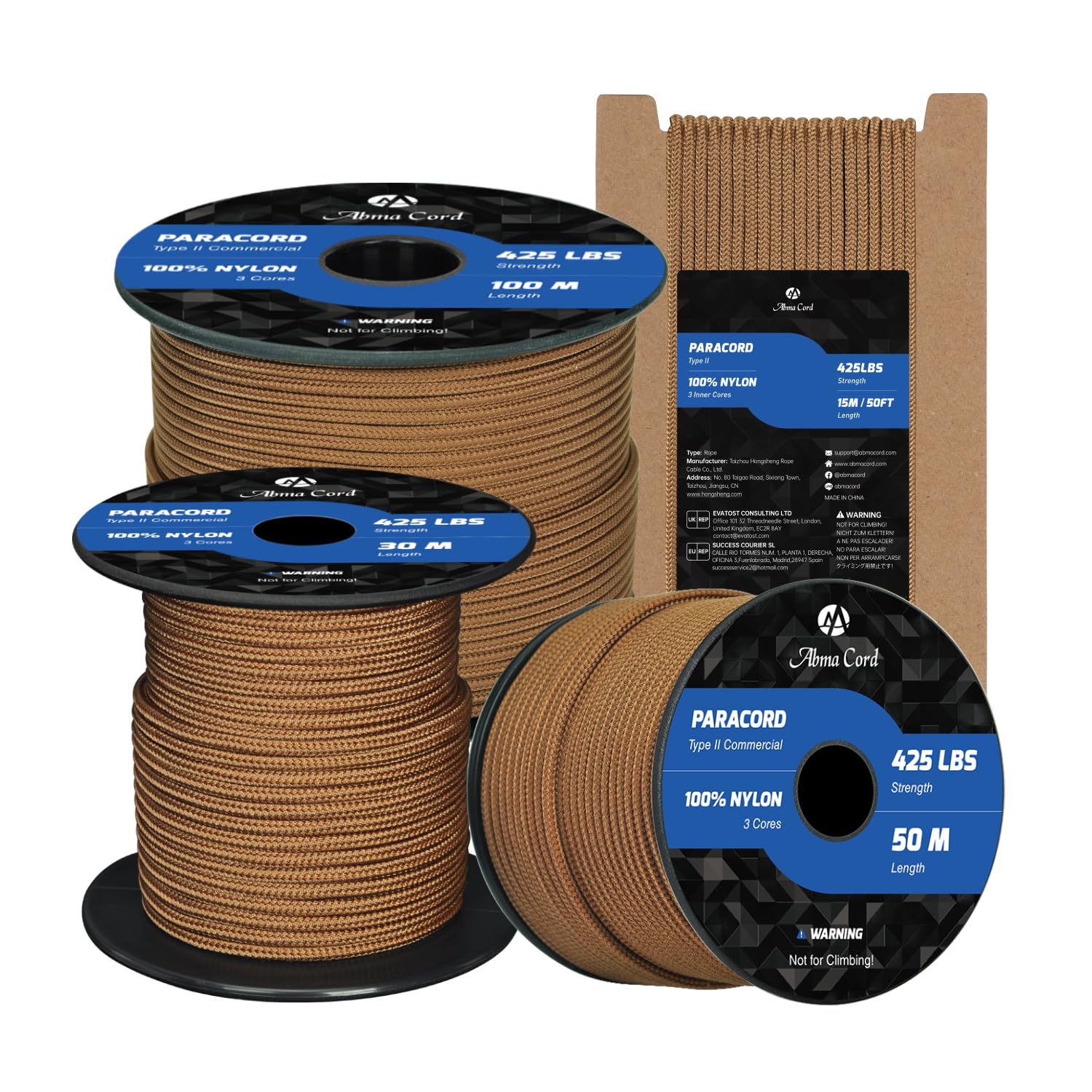 Abma Cord Paracord 3mm 15m 100% Nylon Rope Type II 3 Strands Parachute Cord - Max. 192kg (425lbs) - Coyote Brown