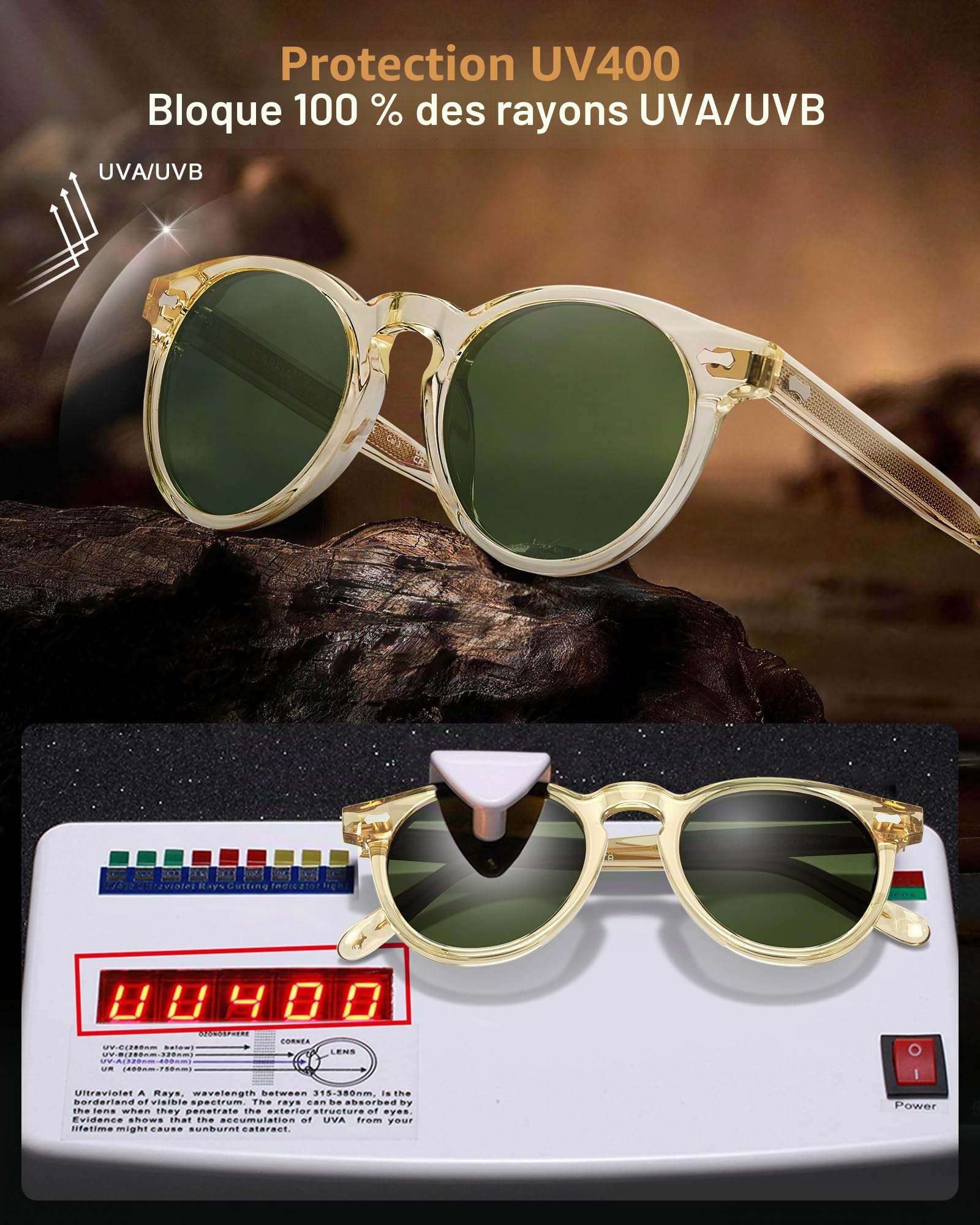 Carfia Lunettes de Soleil Homme Polarisée, Design Retro Acétate Rond Protection UV400 Lunettes pour Conduite et Voyages CA5506