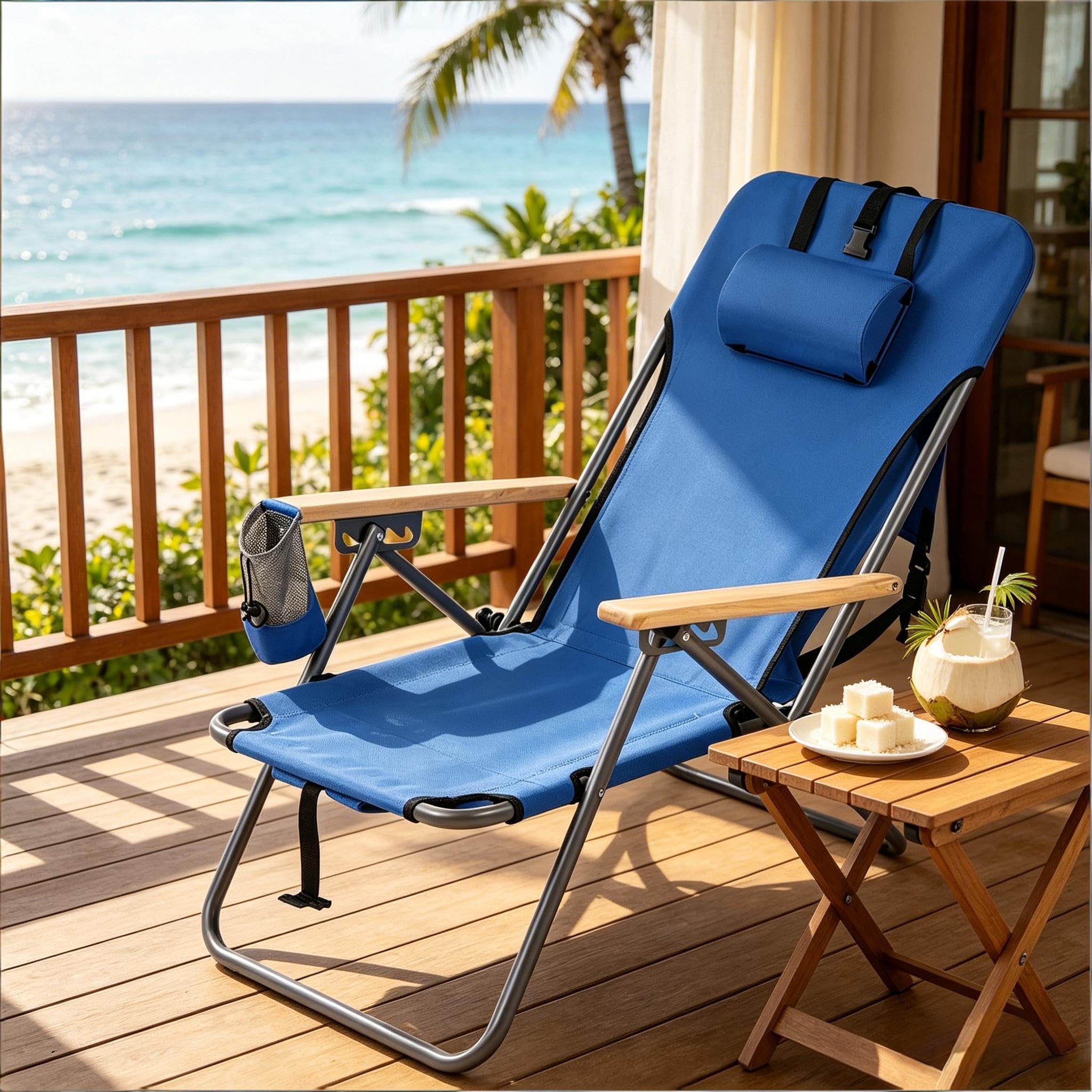 vutizal Klappbarer Campingstuhl mit 4-Fach Verstellbarer Rückenlehne, Leichter Liegestuhl für Strand & Garten, Picknickstuhl als Rucksack faltbar, bis 150 kg, blau