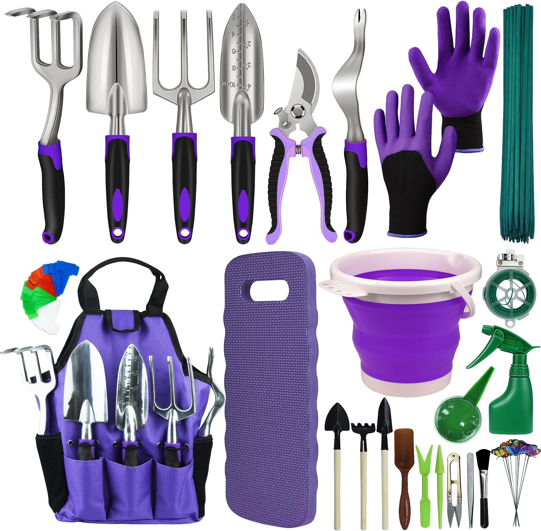 EAONE Garden Tools Set 105Pcs, Gardening Kit Includes Heavy Duty Aluminum Gardening Hand Tool, Kneeling Pad, Succulent Tools with Garden Tote Bag, Gardening Gift for Women Men and Plant Lover(Purple)