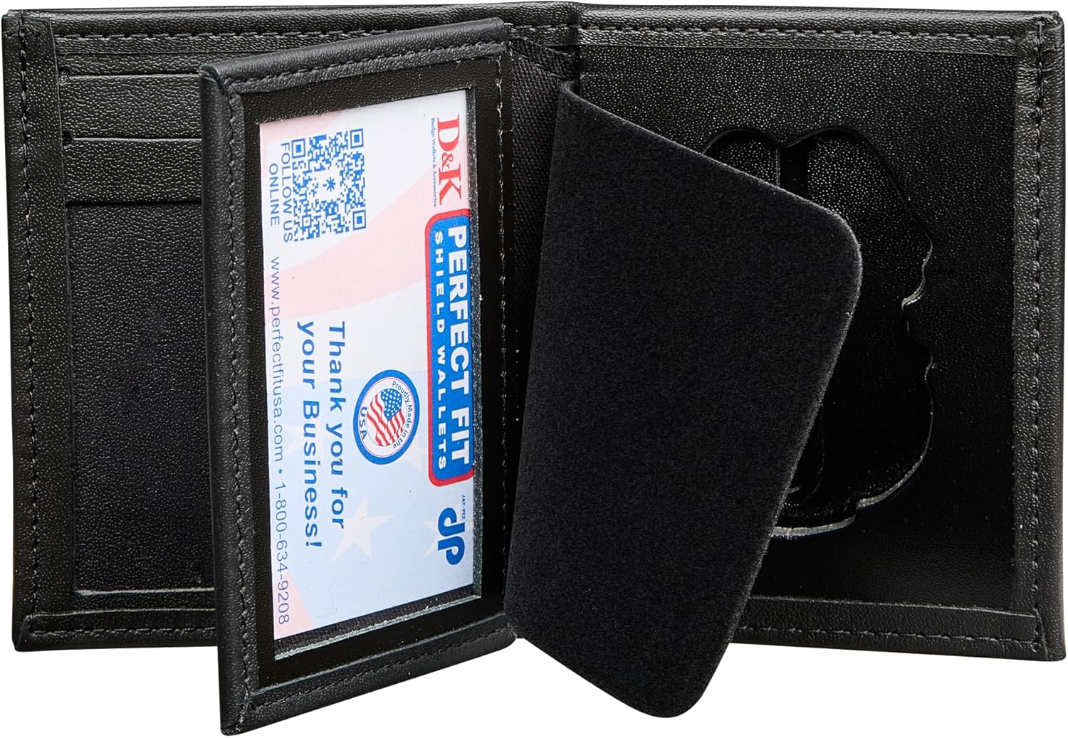 Perfect Fit Hidden Badge Bifold Wallet ARMY MP MILITARY POLICE Credentials Badge and ID Case Hidden Badge Wallet (Cutout DK-464) Black Leather