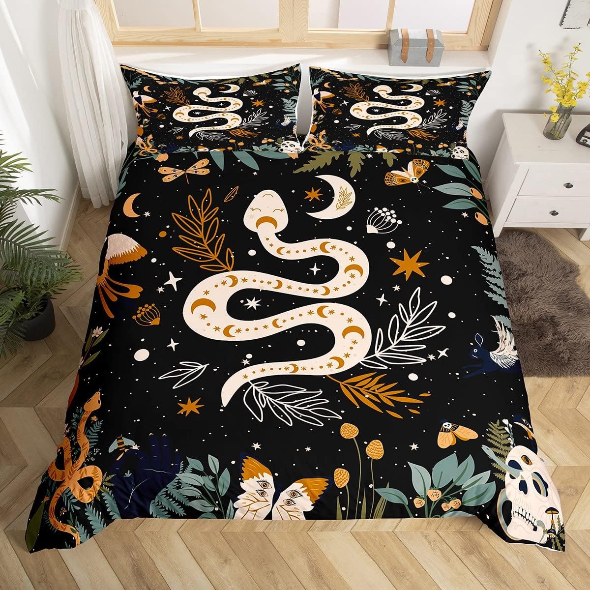 Erosebridal Snake Comforter Cover Sun and Moon Bedding Sets Moth Sugar Skull Duvet Cover Set for Kids Boys Girls Galaxy Starry Sky Butterfly Animal Bedspreads Cover with 2 Pillow Cases Full Size Black