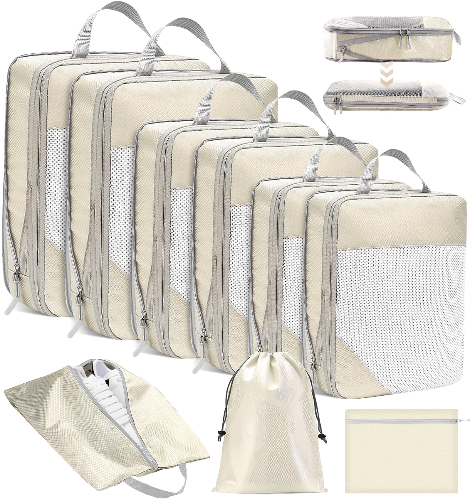 9 Pièces Organisateur de Voyage,Packing Cubes Compression,Organisateur Valise,per Vêtements, Chaussures et Cosmétiques,rangement valise organisateur.(Beige)
