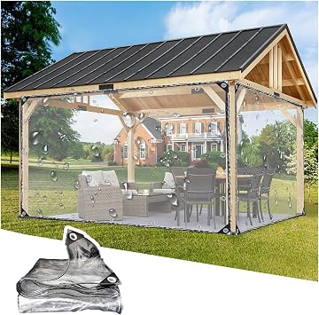 8x12ft Outdoor Vinyl Curtain,Clear Vinyl Tarp Heavy Duty Waterproof Transparent Patio Enclosure Panels for Gazebo, Porch, Pavilion, Chicken Coop, Durable Plastic Tarpaulin 2.5x3.7m