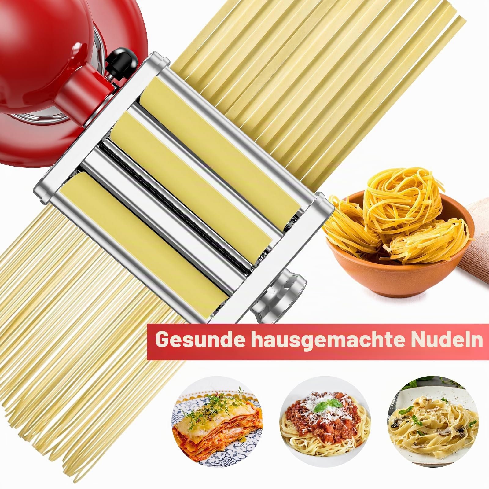 Gvode 3-in-1 Edelstahl Nudelaufsatz für KitchenAid Standmixer & Artisan, Pasta Zubehör für KitchenAid Set mit Nudelwalze, Spaghetti-Fettuccine-Schneider, 8 Dickenstufen & Edelstahl Führungsblech