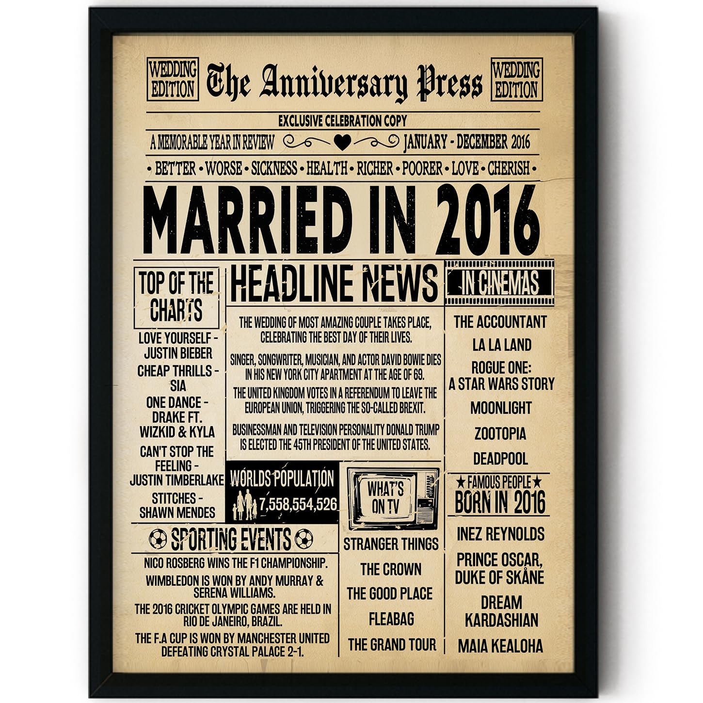 Stuff4 10th Anniversary Poster Framed - Married In 2016 Newspaper - 10 Wedding Anniversary for Men Women Retro Vintage Gifts Back In 2016, 8x10 Inch Anniversaries Posters โ image 1