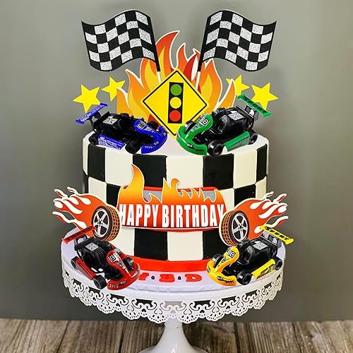 Miniatura 4 de Decoración para tartas de coche de carreras, bandera de rueda, decoración de tartas, juguetes de carreras para hombres, niños, fiesta de cumpleaños,