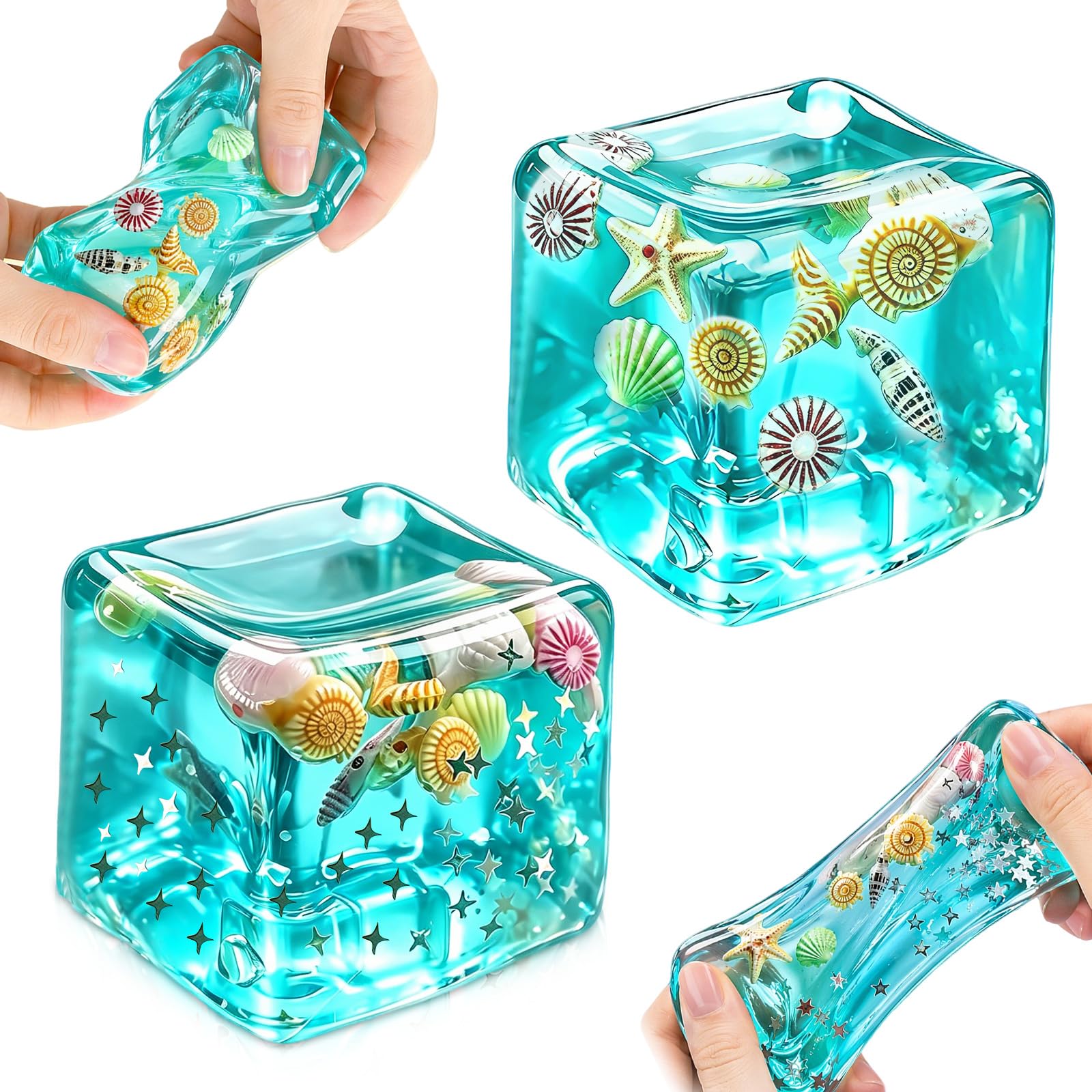 2PCS Ice Cube Squishy,Stress Balls Ice Cube with Sea Shells Inside, Slow Rising Stress Balls for Stress and Anxiety Relief, Sensory Squeeze Cubes for Gifts for Kids & Adults